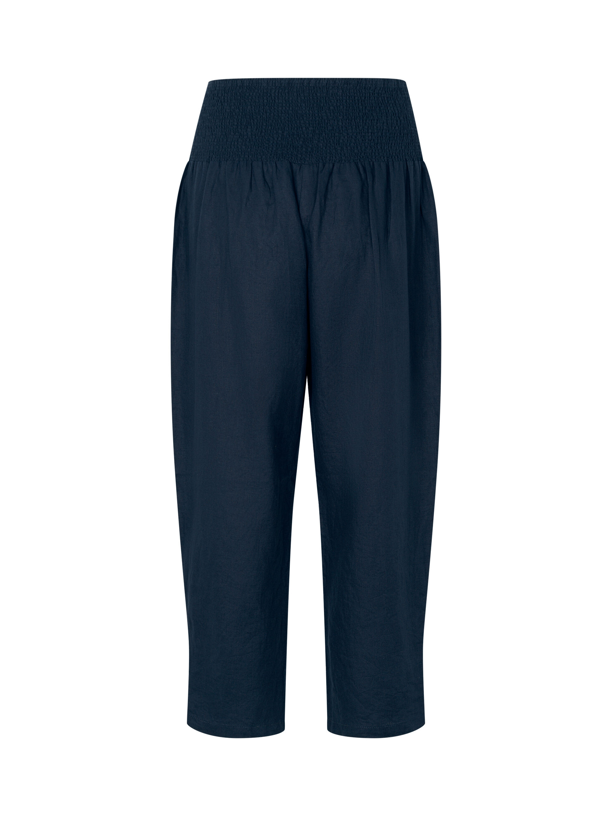 Pantalon En Lin Avec Large &Eacute;lastique Smock&eacute; Au Dos Et D&eacute;tail Boutonn&eacute;, Navy