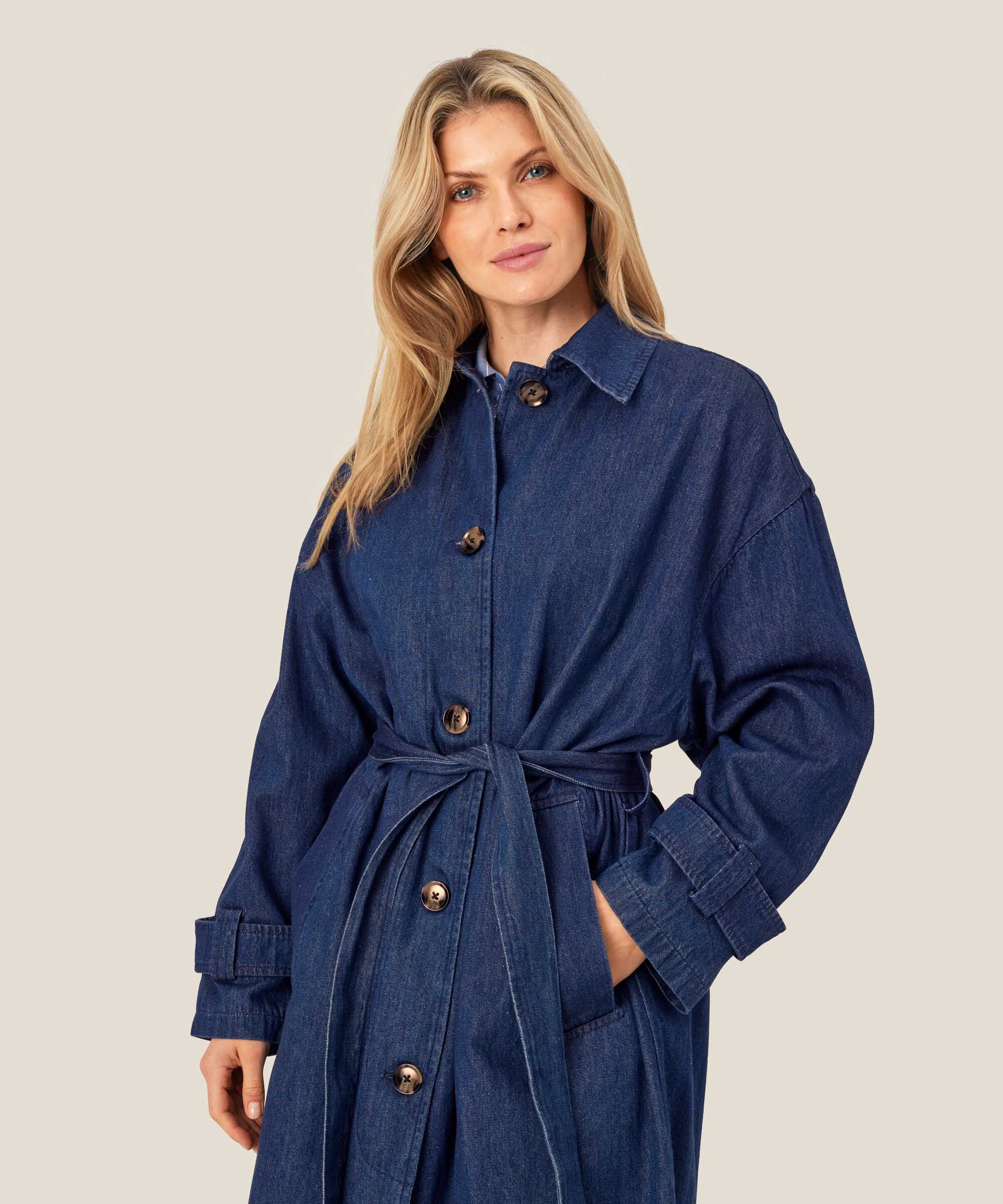manteau en jean avec ceinture et écharpe amovibles, Dark Denim