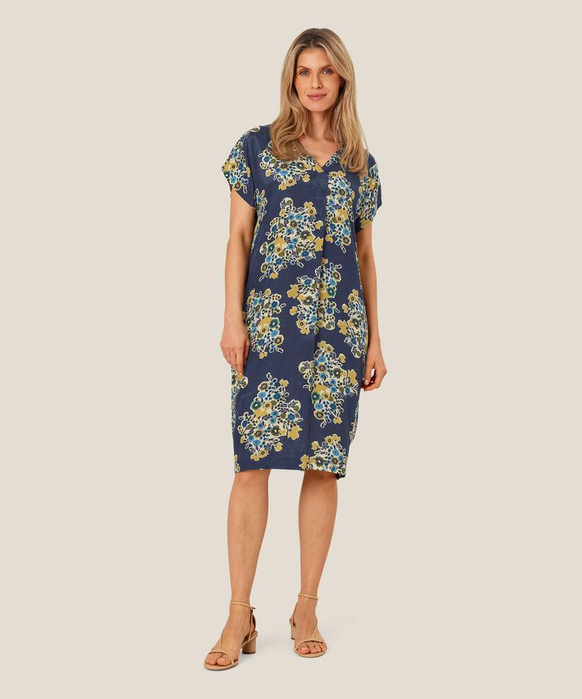 Robe En Viscose Imprimée Avec Col En V, Mood Indigo