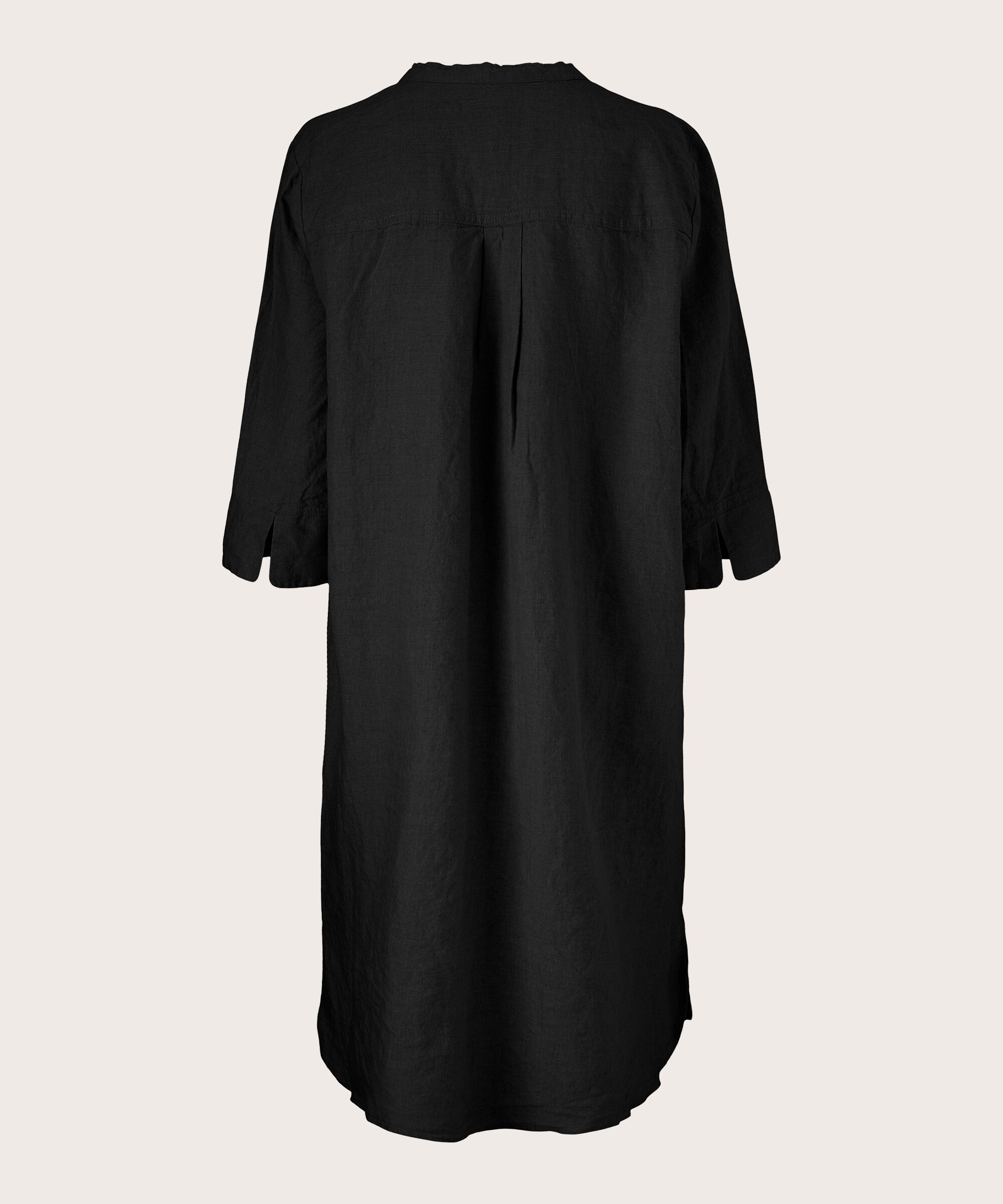 robe-chemise en lin avec manches trois-quarts, Black