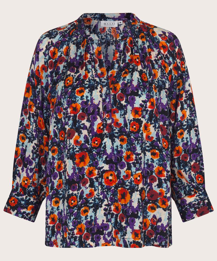 Top en viscose fleuri col V avec boutons, Meadow Violet