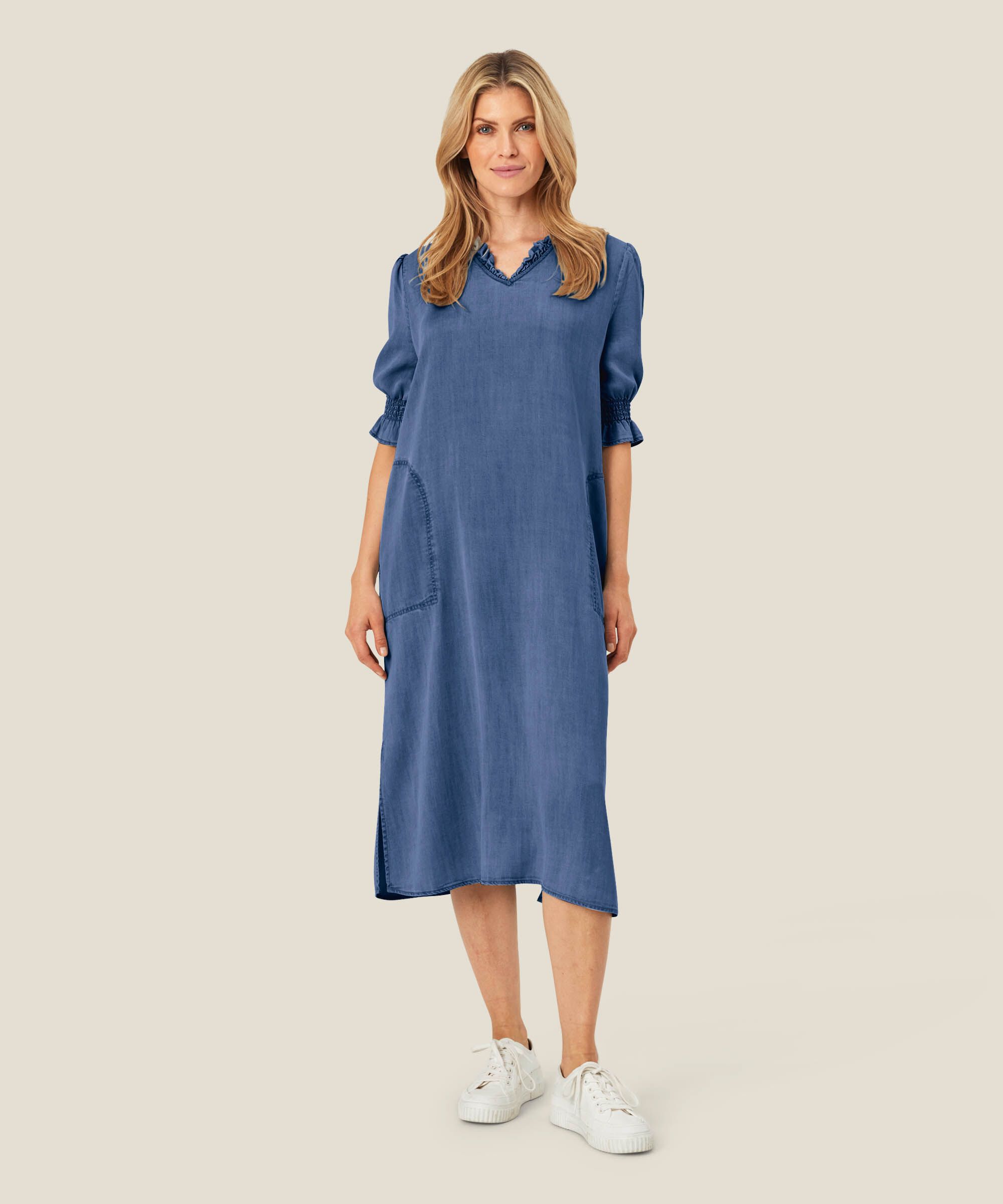 robe en jean avec volants au niveau du cou et poches fendues, Washed denim