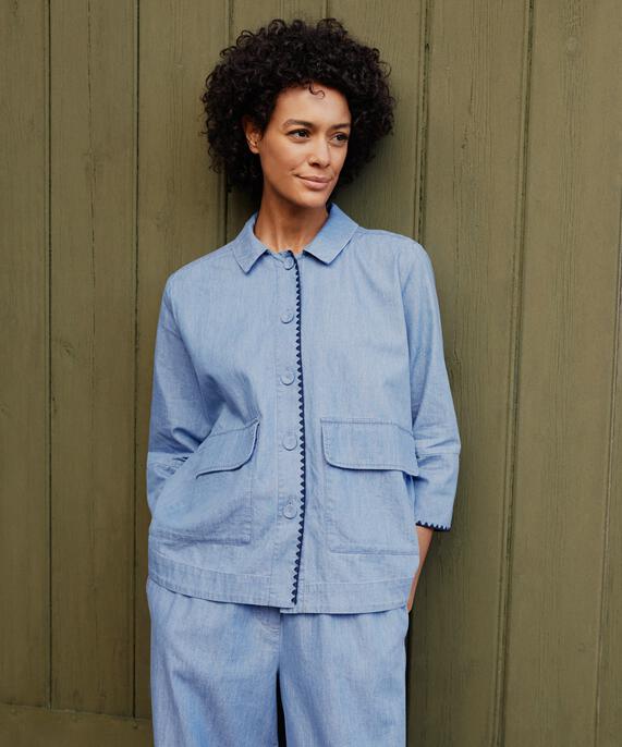 veste chemise en jean avec détails tissés, Blue Denim