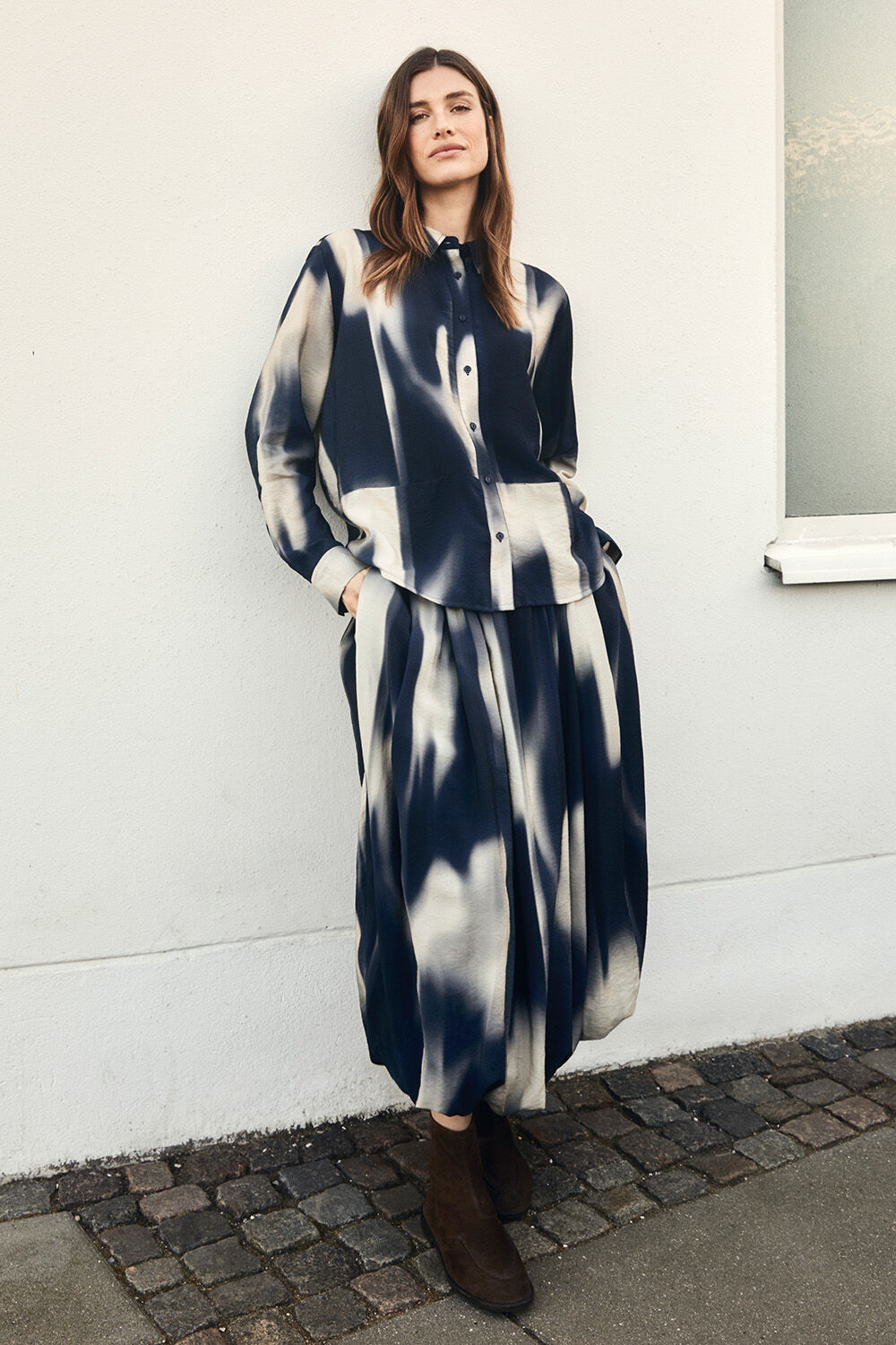 Chemisier imprim&eacute; en viscose &agrave; poches - Navy Blazer, Jupe en viscose imprim&eacute;e effet ballon - Navy Blazer