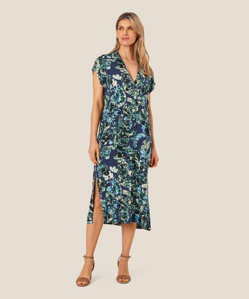 Robe En Viscose Imprimée Avec Décolleté En V Profond, Mood Indigo
