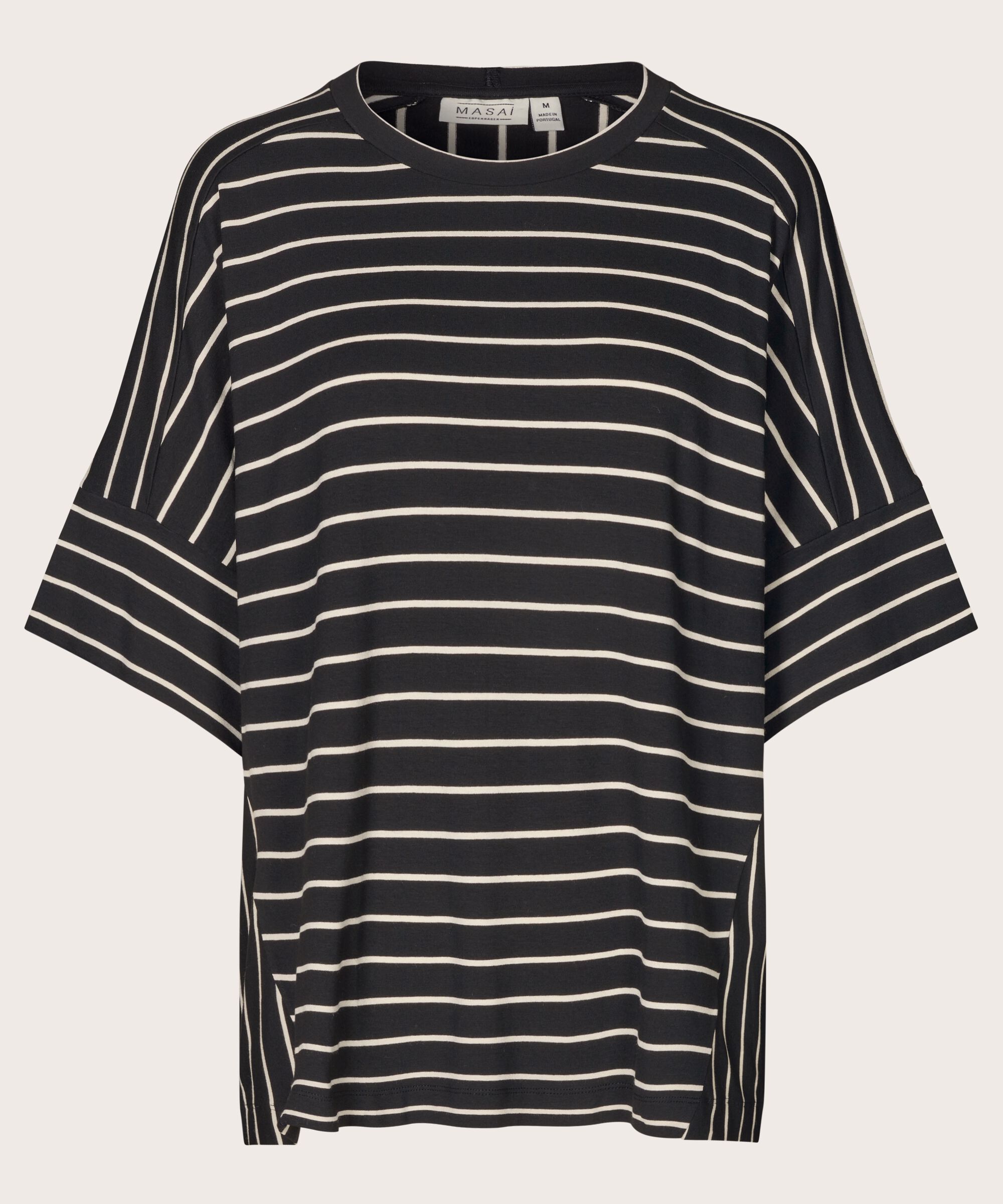 t-shirt rayé à col rond, Black