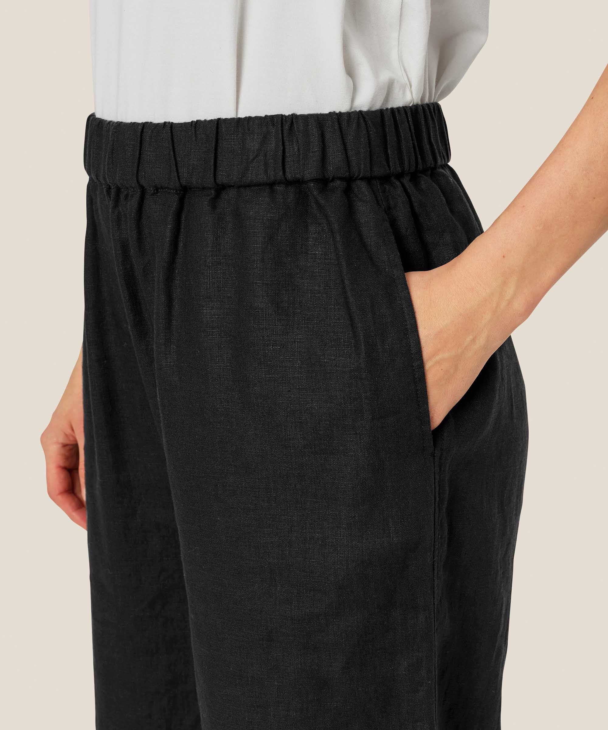 pantalon en lin à jambes larges et taille élastique, Black