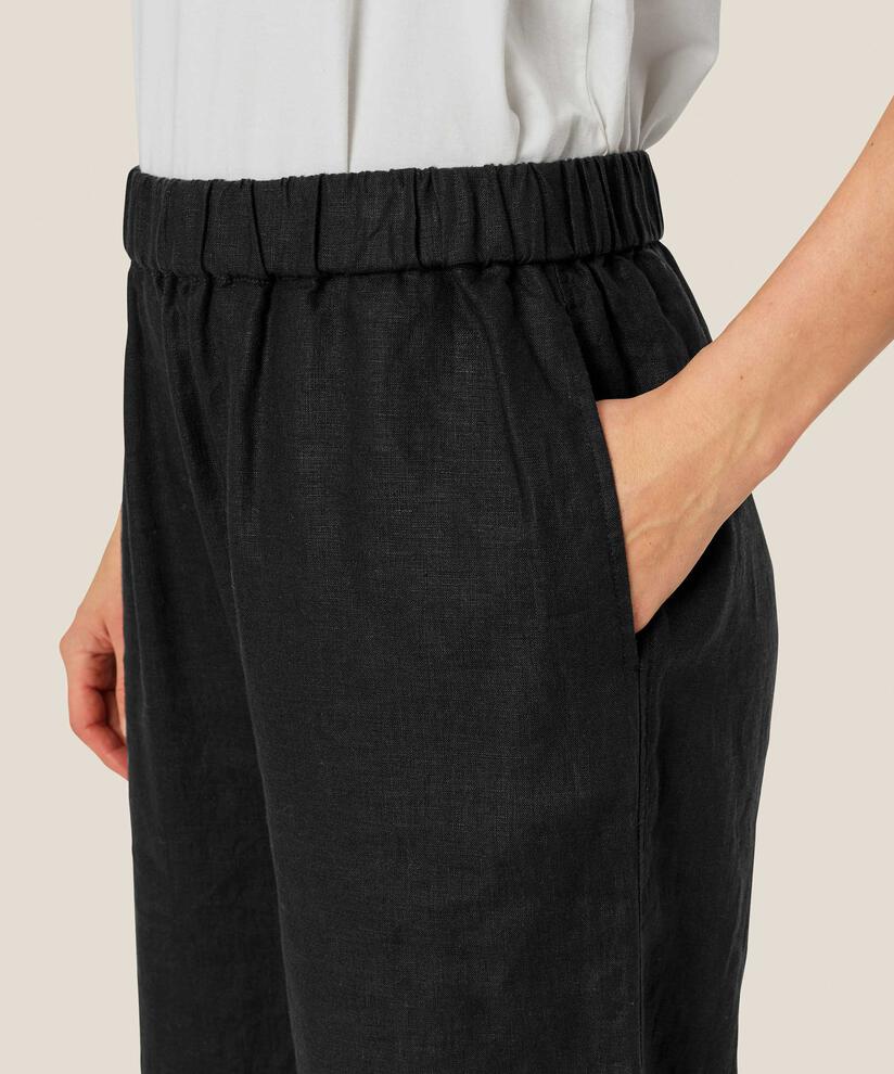 pantalon en lin à jambes larges et taille élastique, Black