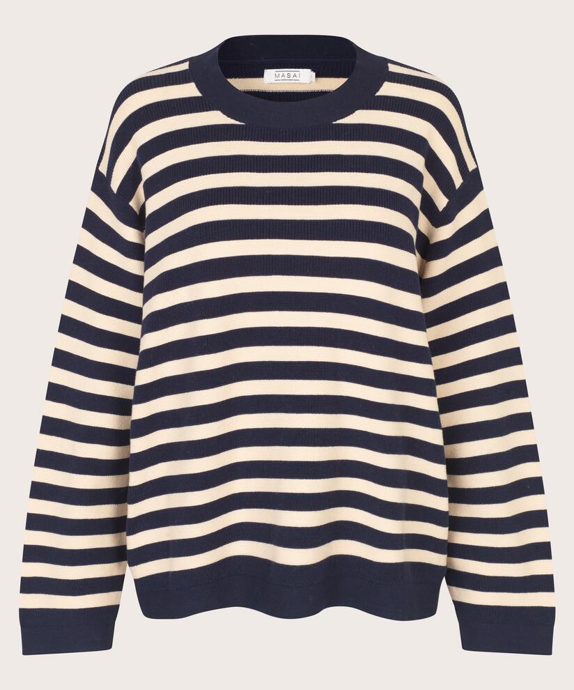 pull en maille rayé en coton, Maritime Blue
