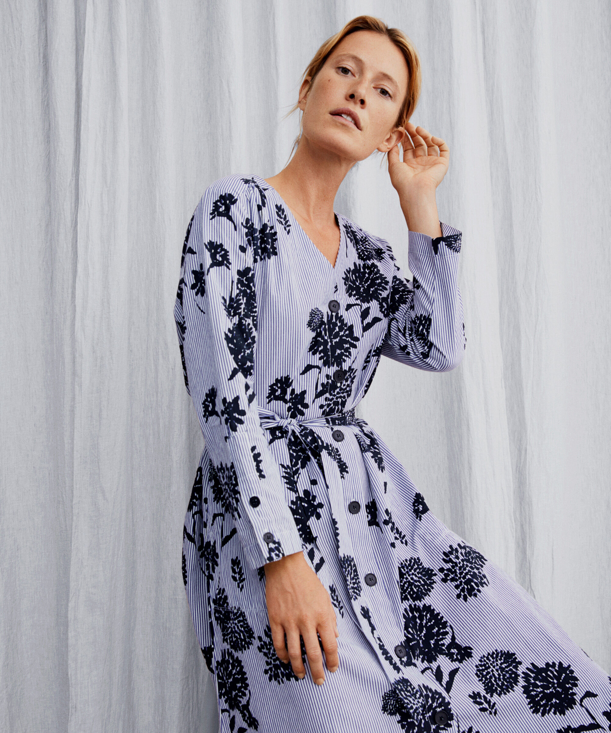 robe en coton avec col en V et ceinture amovible, Maritime Blue