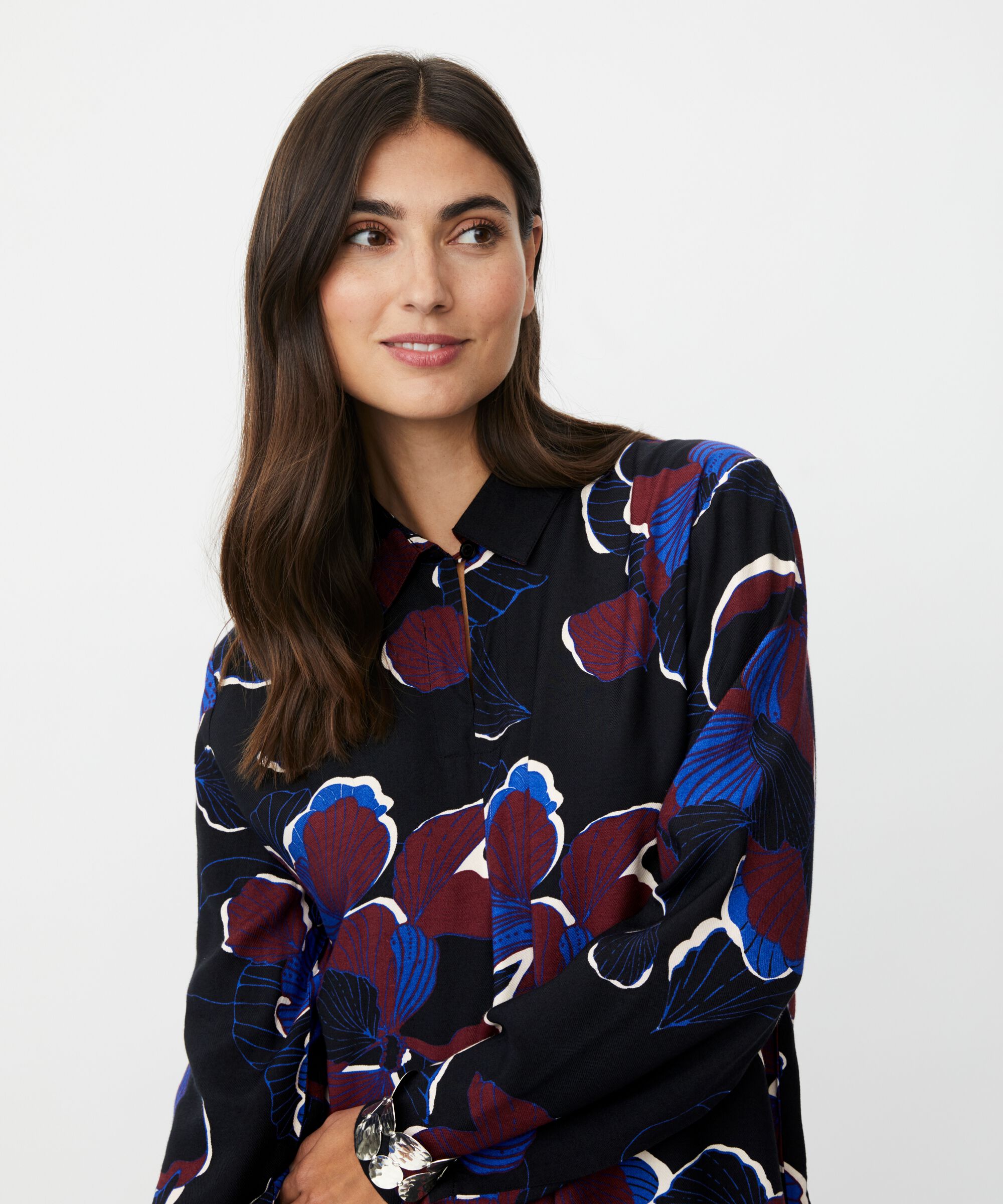 tunique en viscose fleurie avec détail boutonné au niveau du cou, Tawny Port