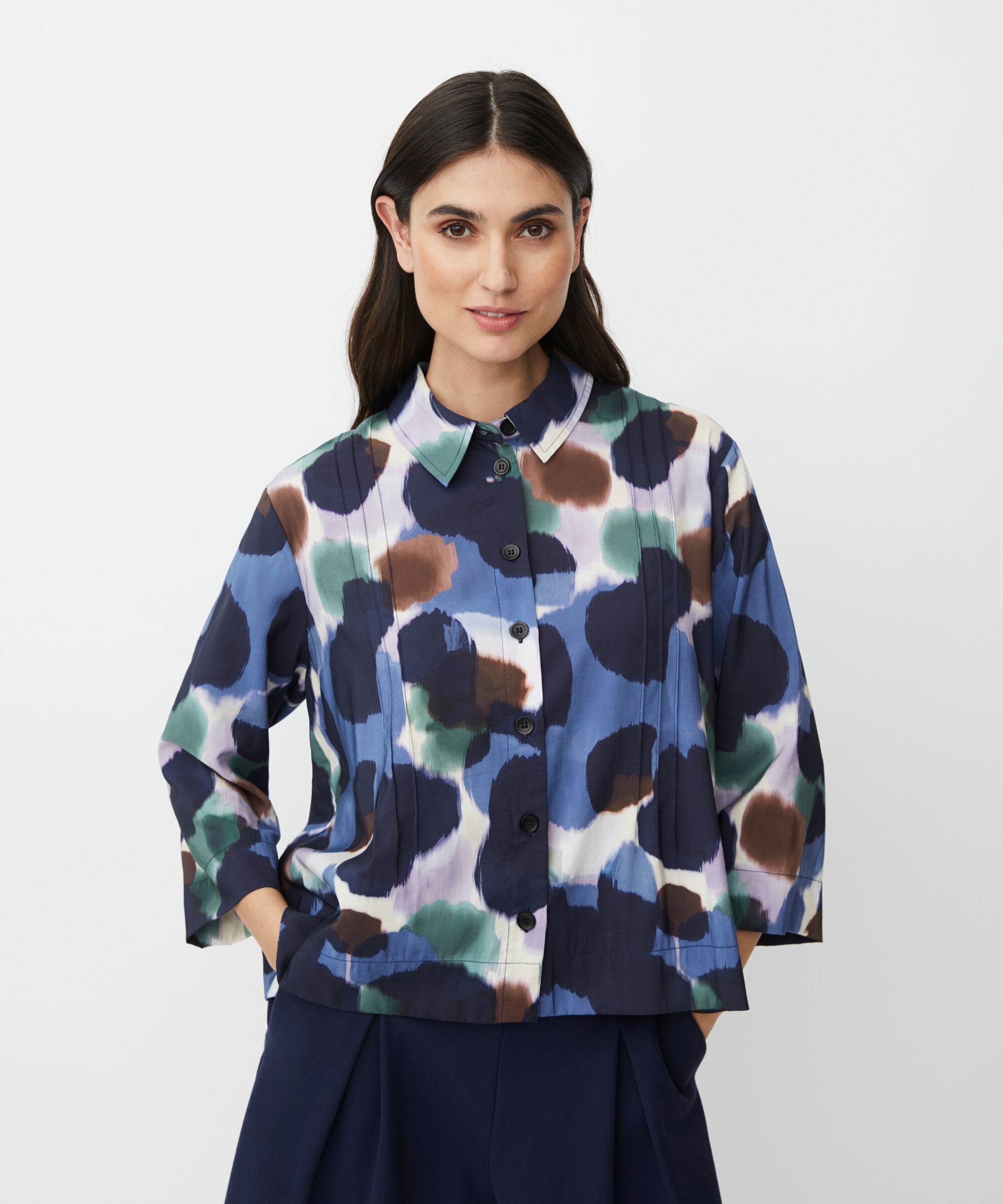 chemise à manches 3/4 et surpiqûres décoratives, Navy Blazer