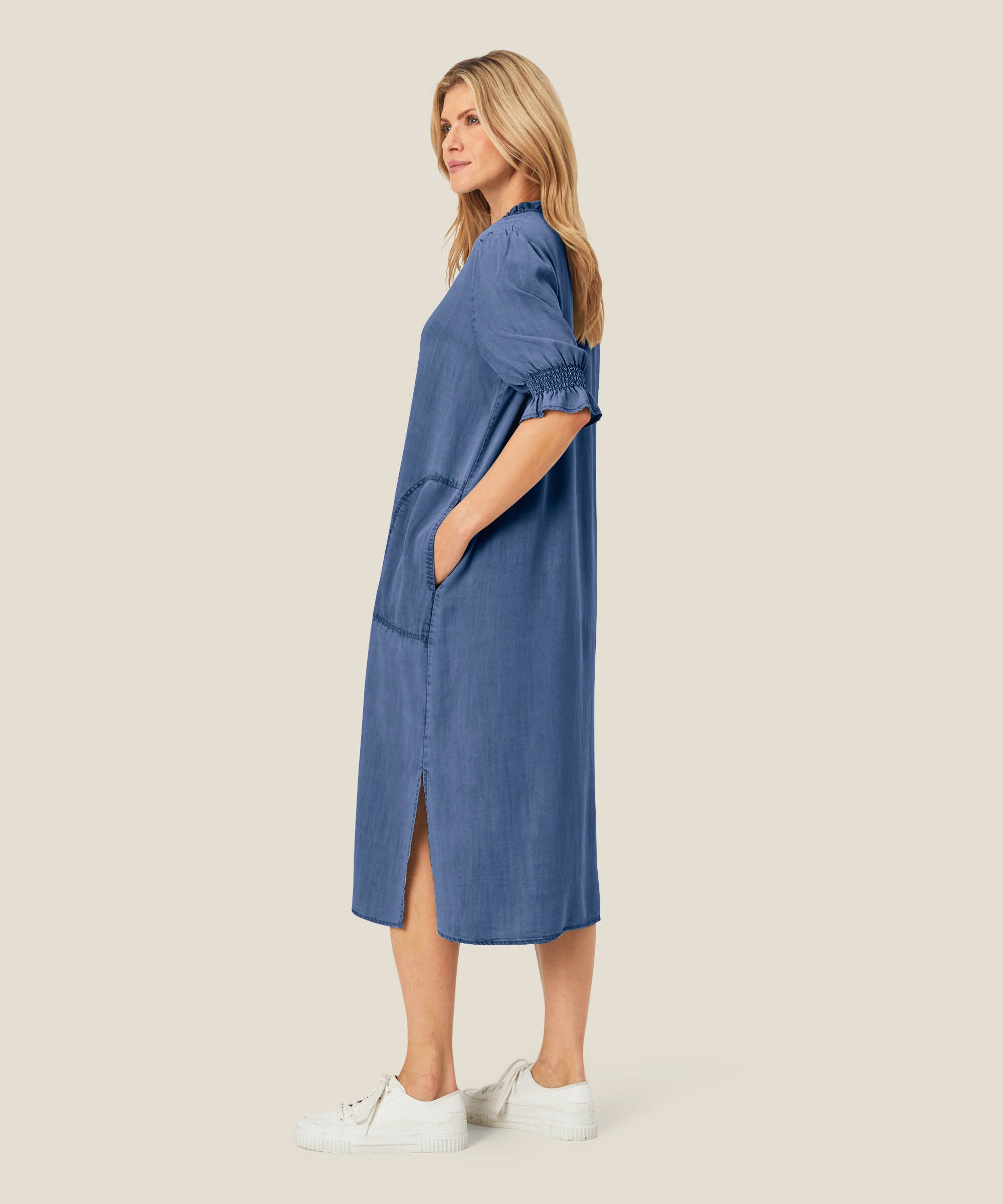 robe en jean avec volants au niveau du cou et poches fendues, Washed denim