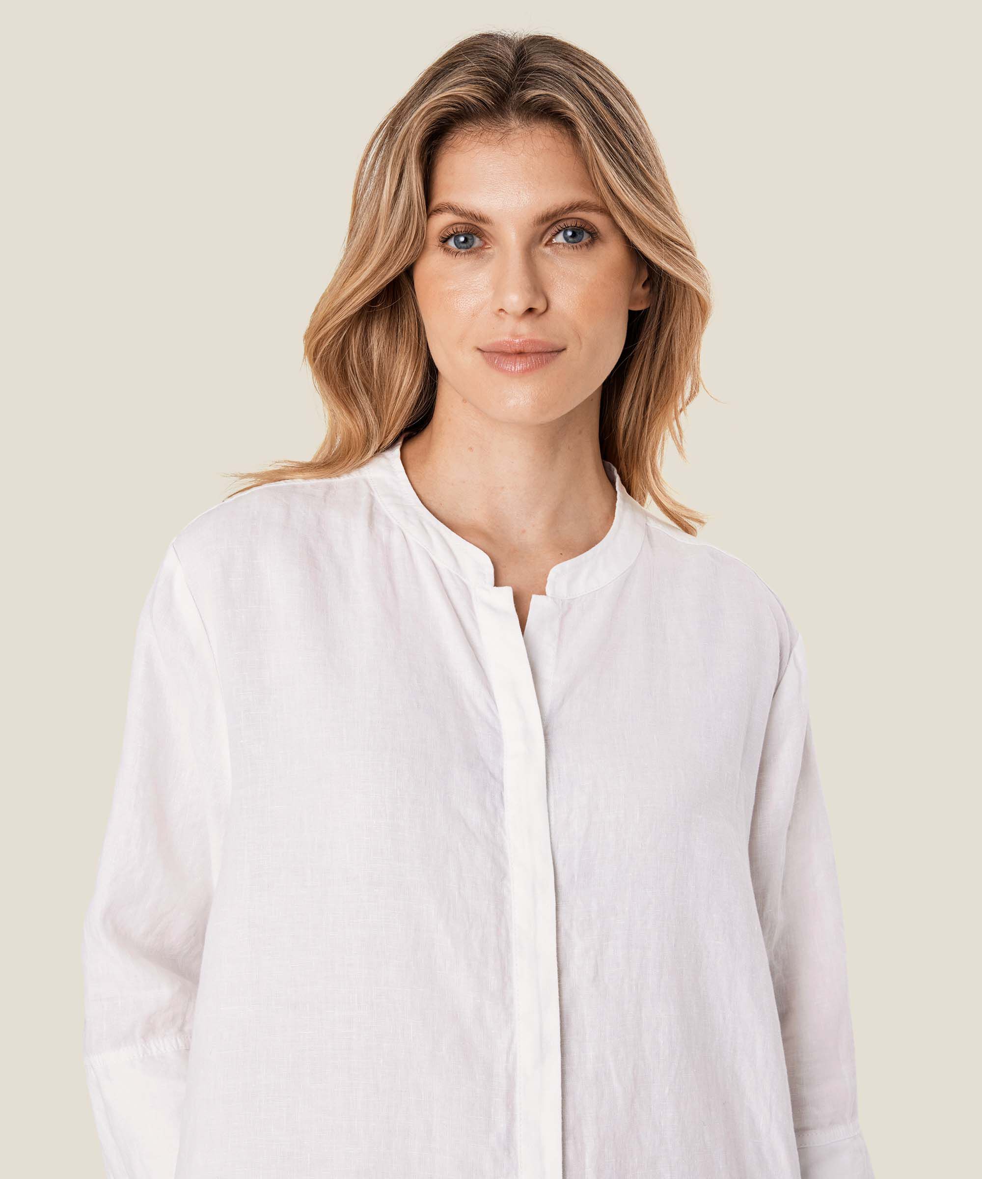 robe-chemise en lin avec manches trois-quarts, White