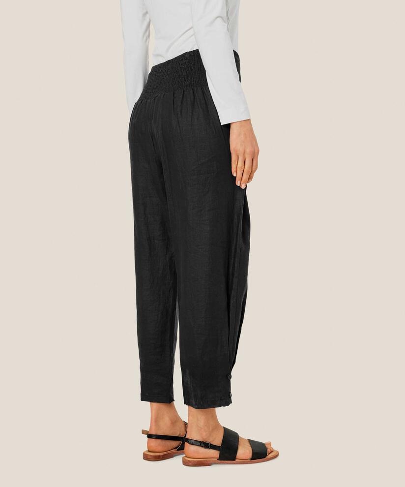 pantalon en lin avec large élastique smocké au dos et détail boutonné, Black