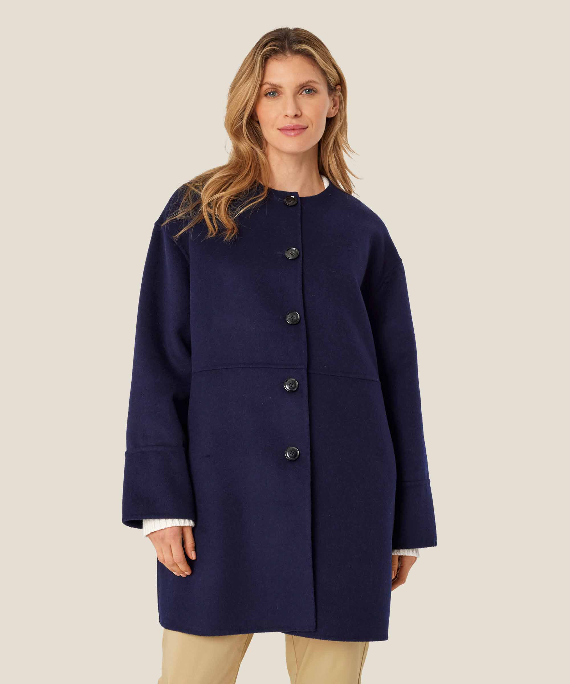 manteau classique en laine à col rond, Maritime Blue