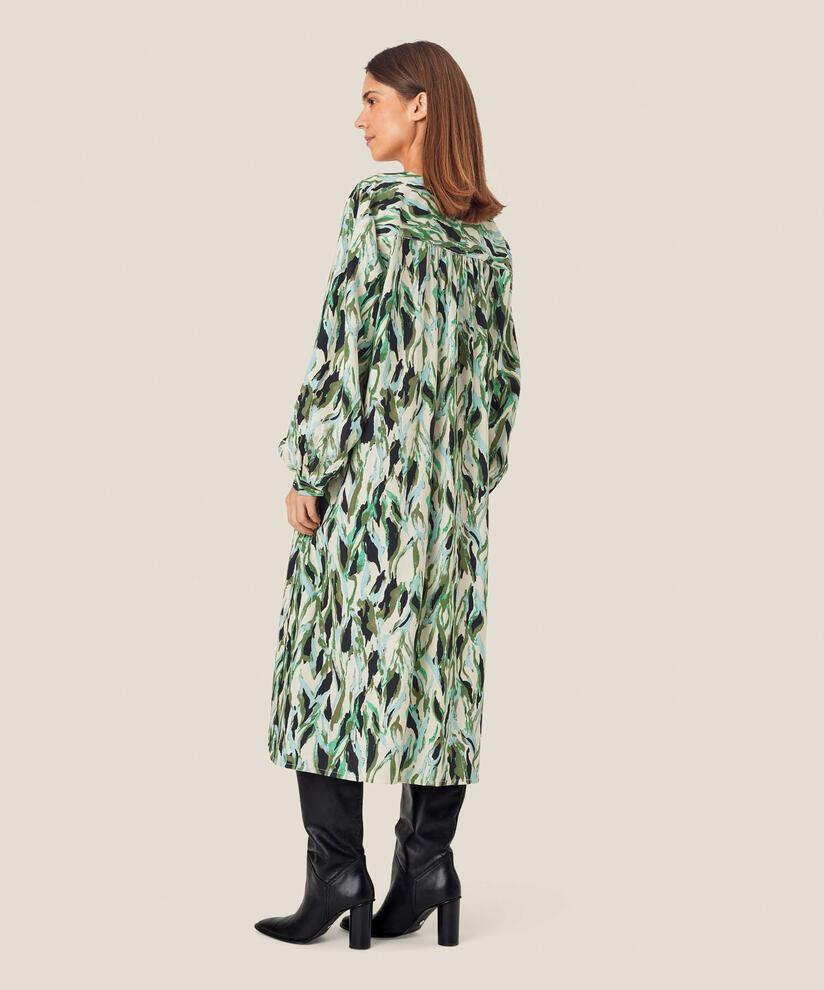 Robe imprimée en viscose mélangée avec col en V et plis au dos, D. Lichen Green