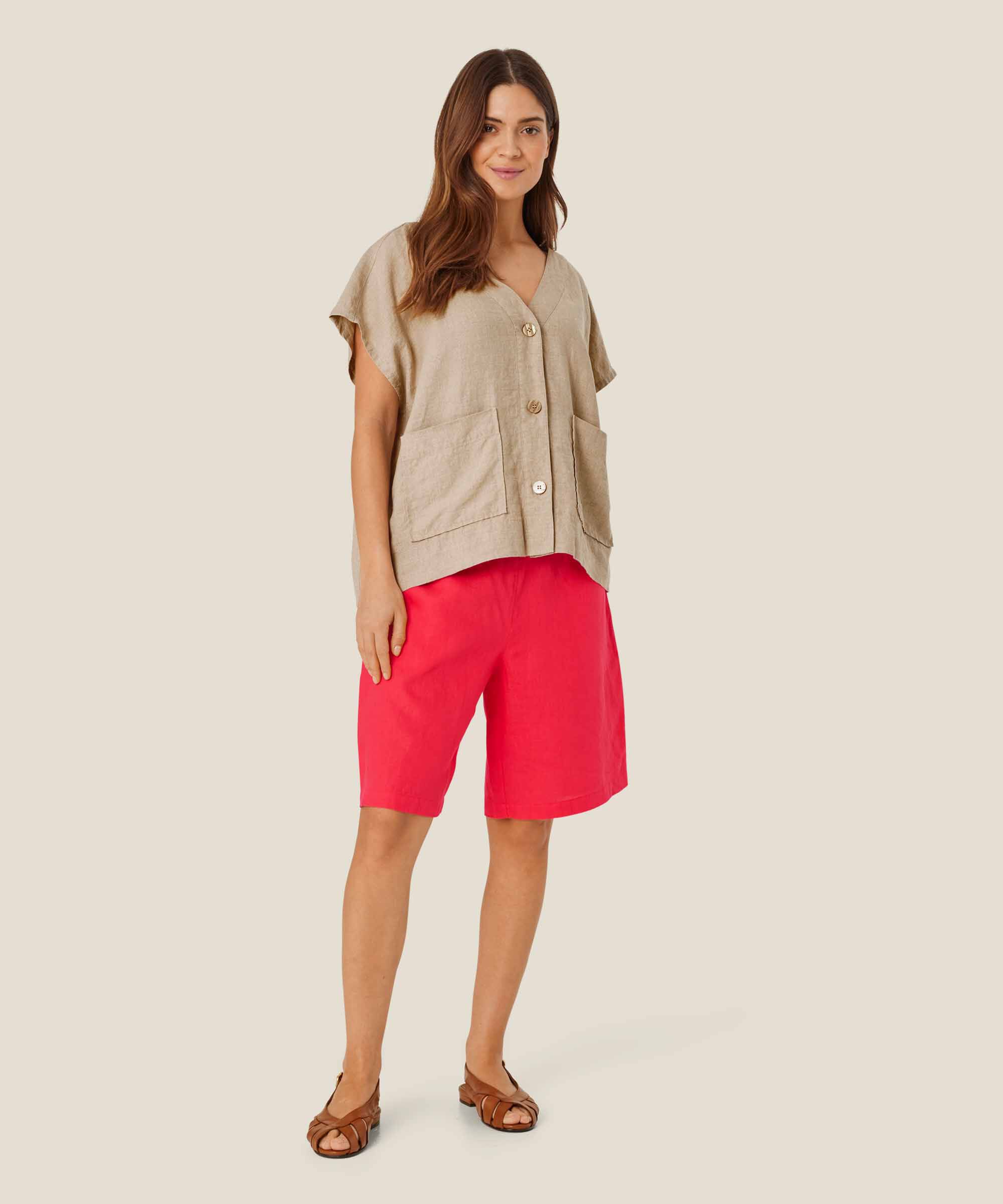 Short En Lin Avec Élastique Smocké Au Dos, Hibiscus