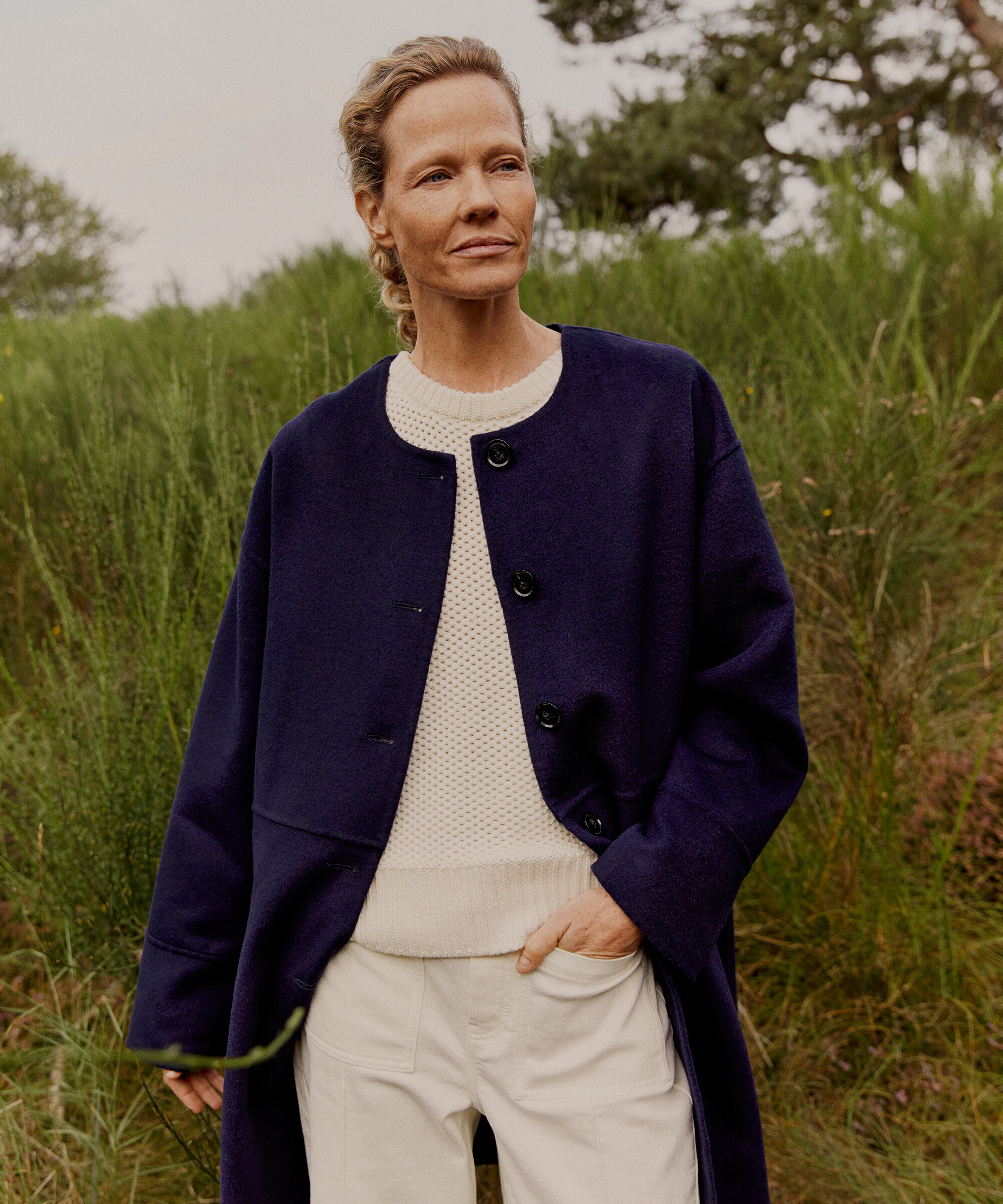 manteau classique en laine &agrave; col rond, Maritime Blue