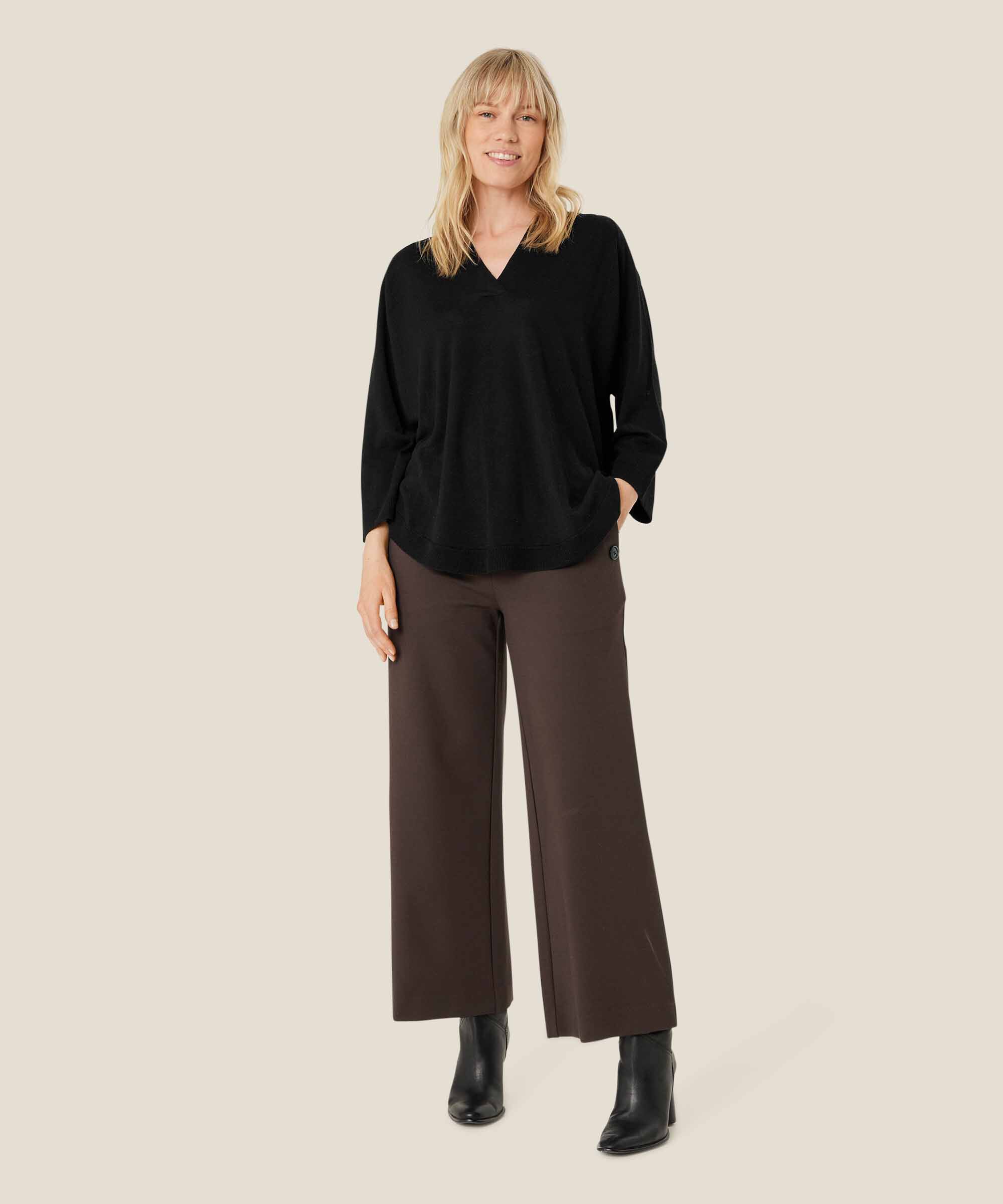 pull tricoté en laine avec col en v, Black