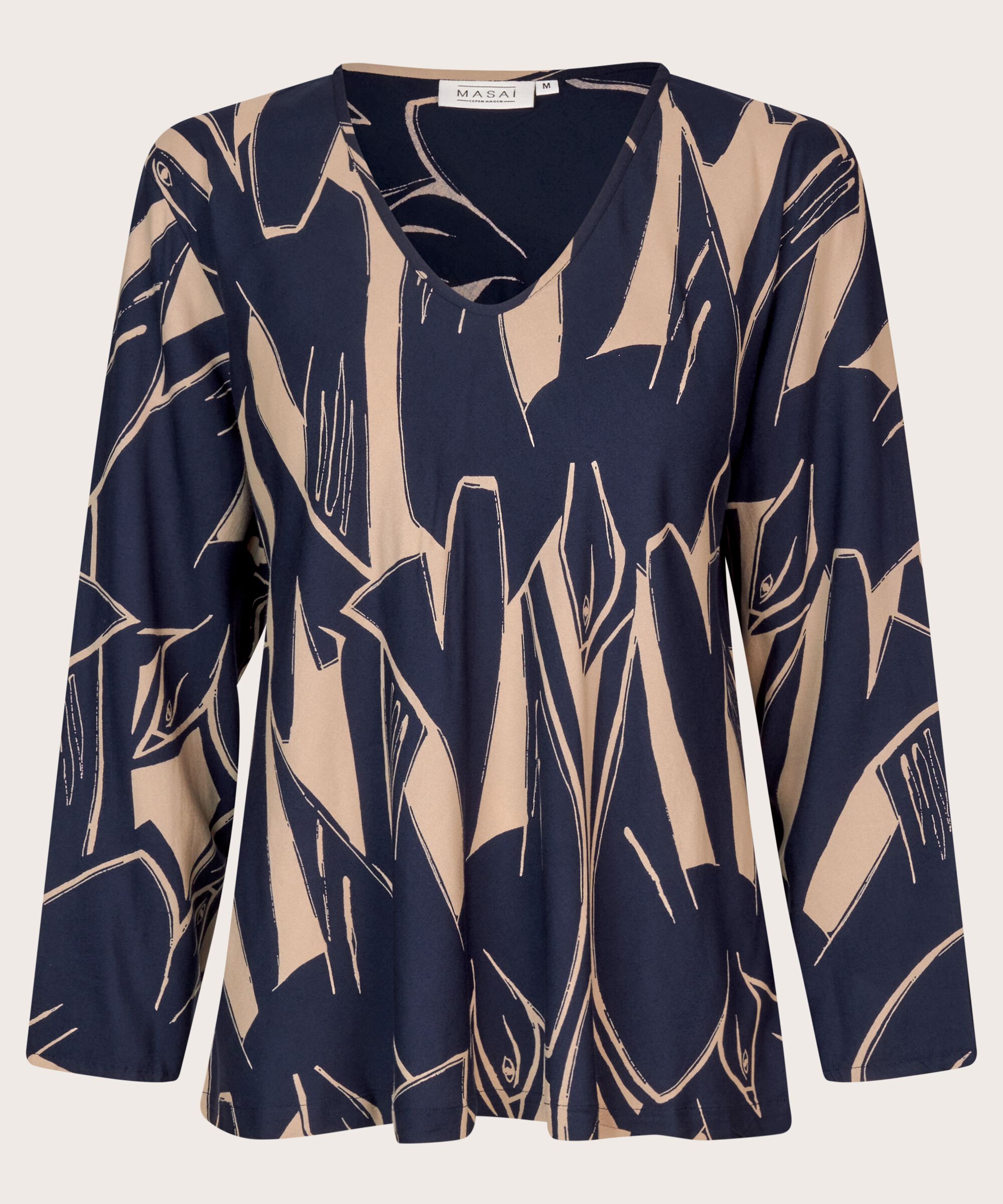 blouse en viscose à col v et manches longues, Navy Blazer