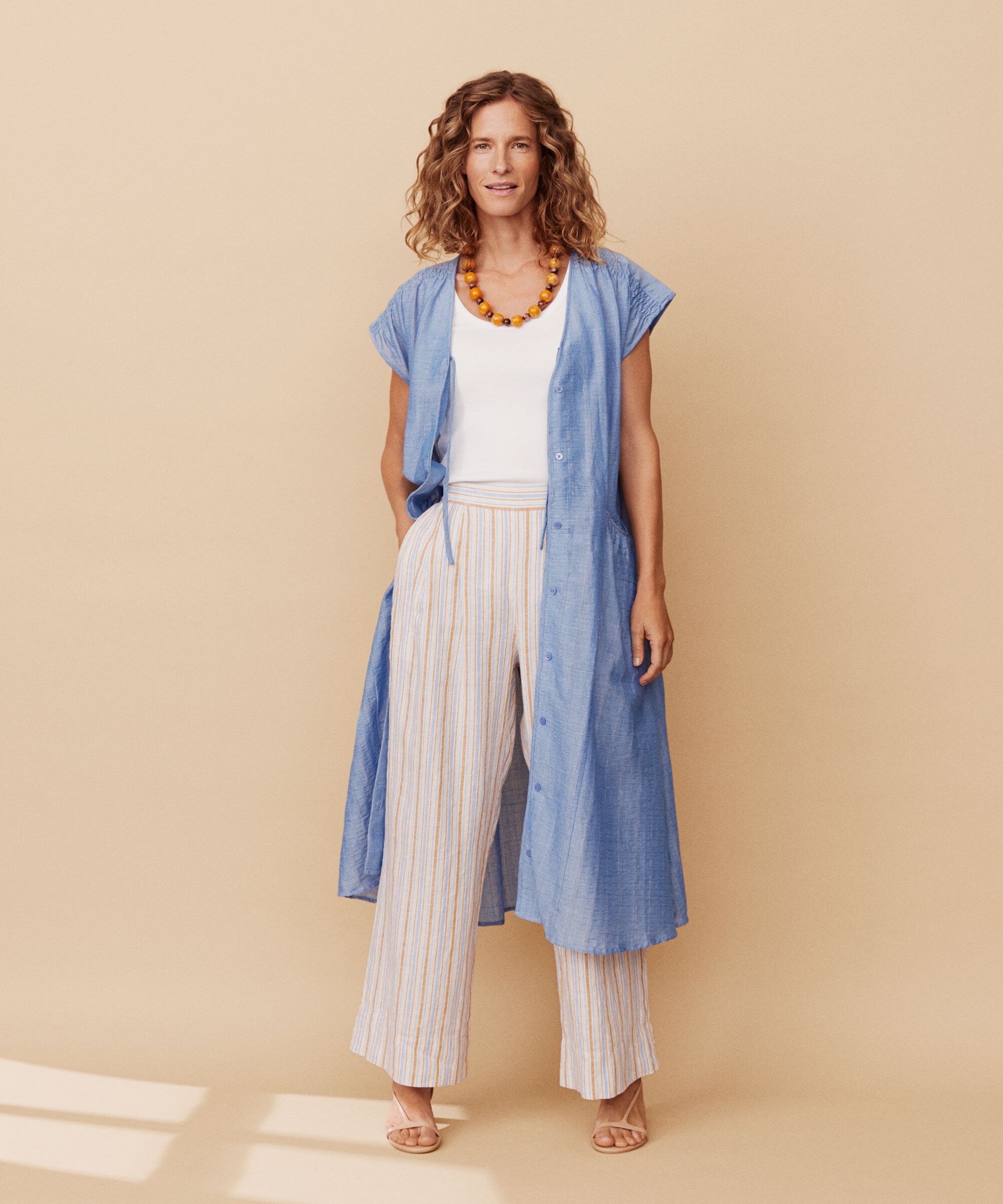 pantalon en lin rayé avec poches fendues et élastique au dos, Inca Gold