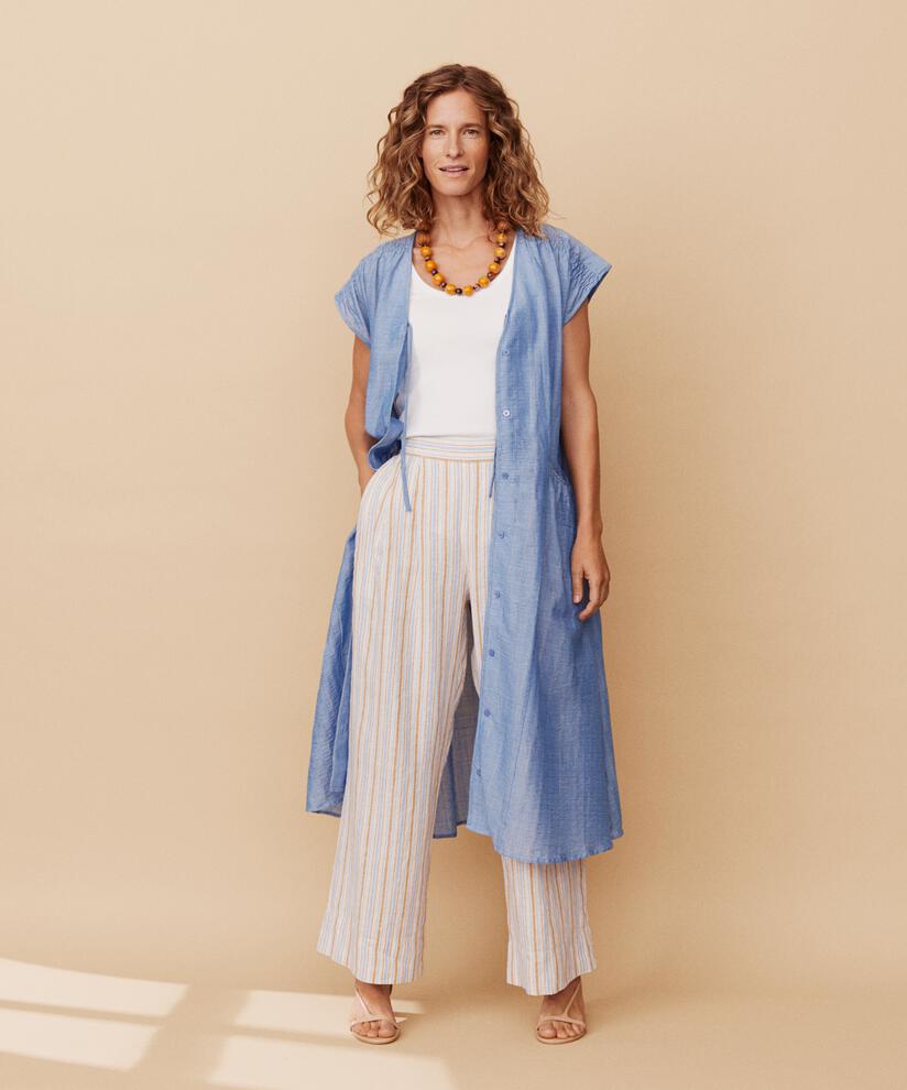 pantalon en lin rayé avec poches fendues et élastique au dos, Inca Gold