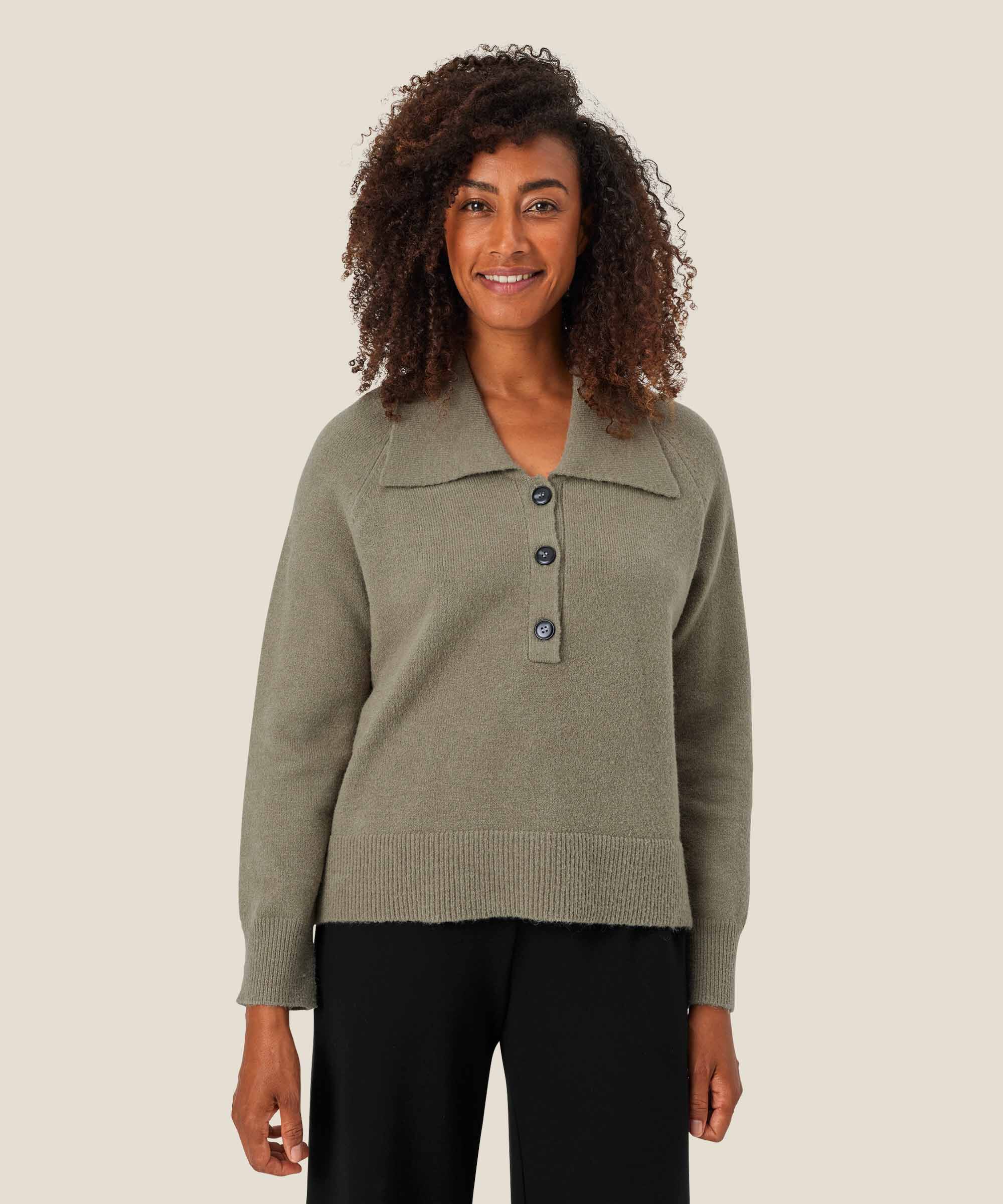 pull en maille avec col et boutons, Vetiver