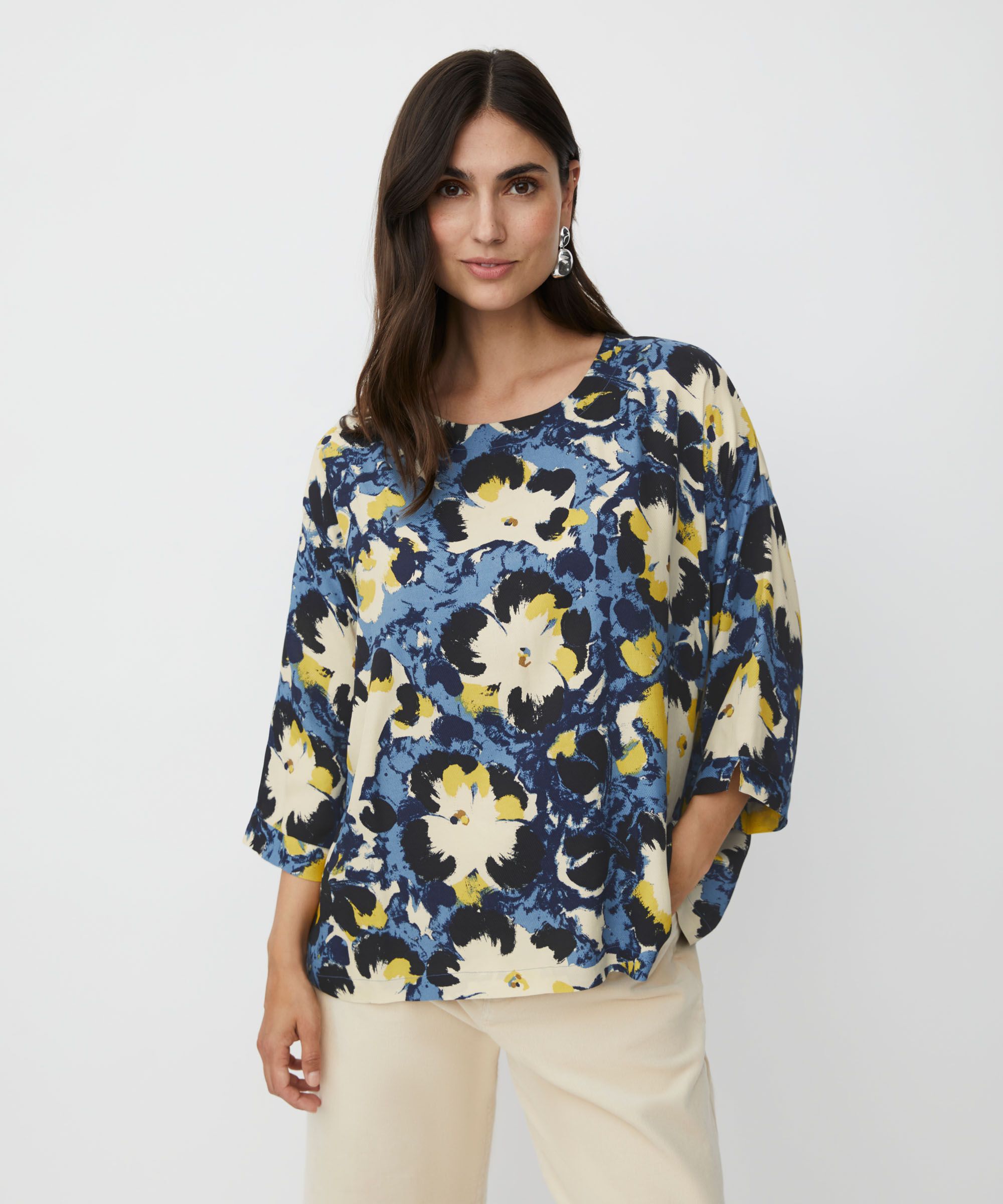 Blouse Imprimée À Manches 3/4 Et Col Rond, Proven Blue