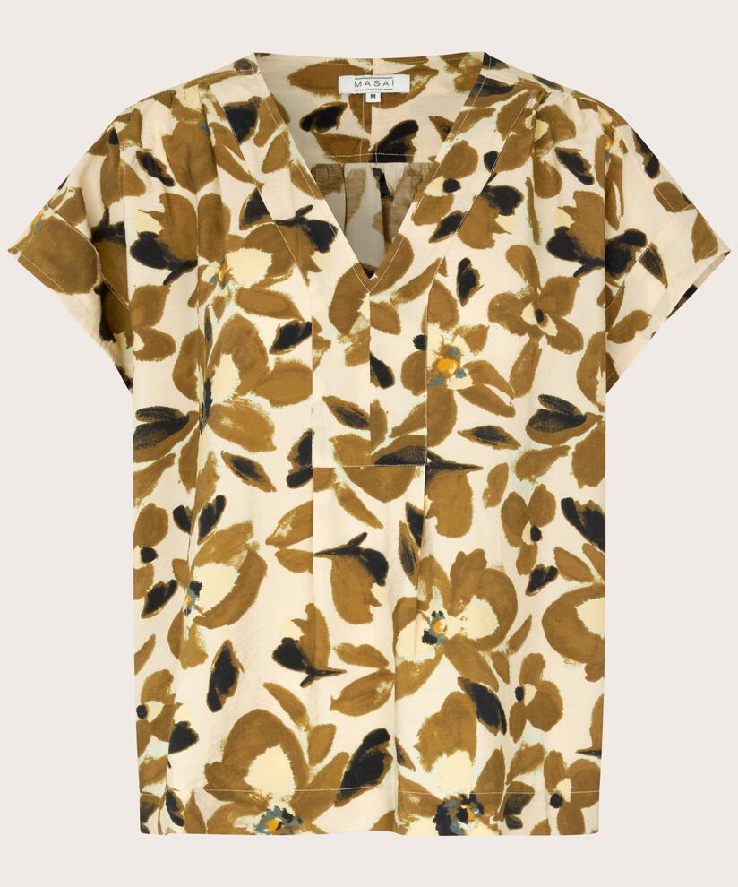 blouse en viscose avec col en V et plis au dos, Dull Gold