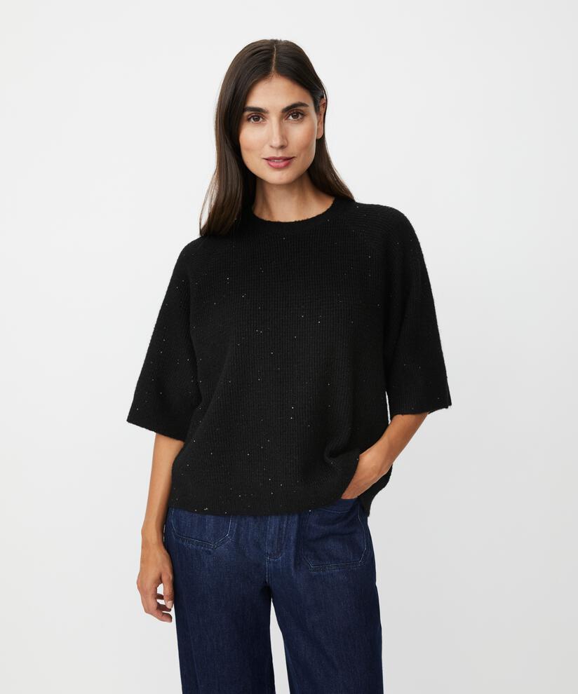 pull à manches courtes en laine mélangée avec paillettes, Black
