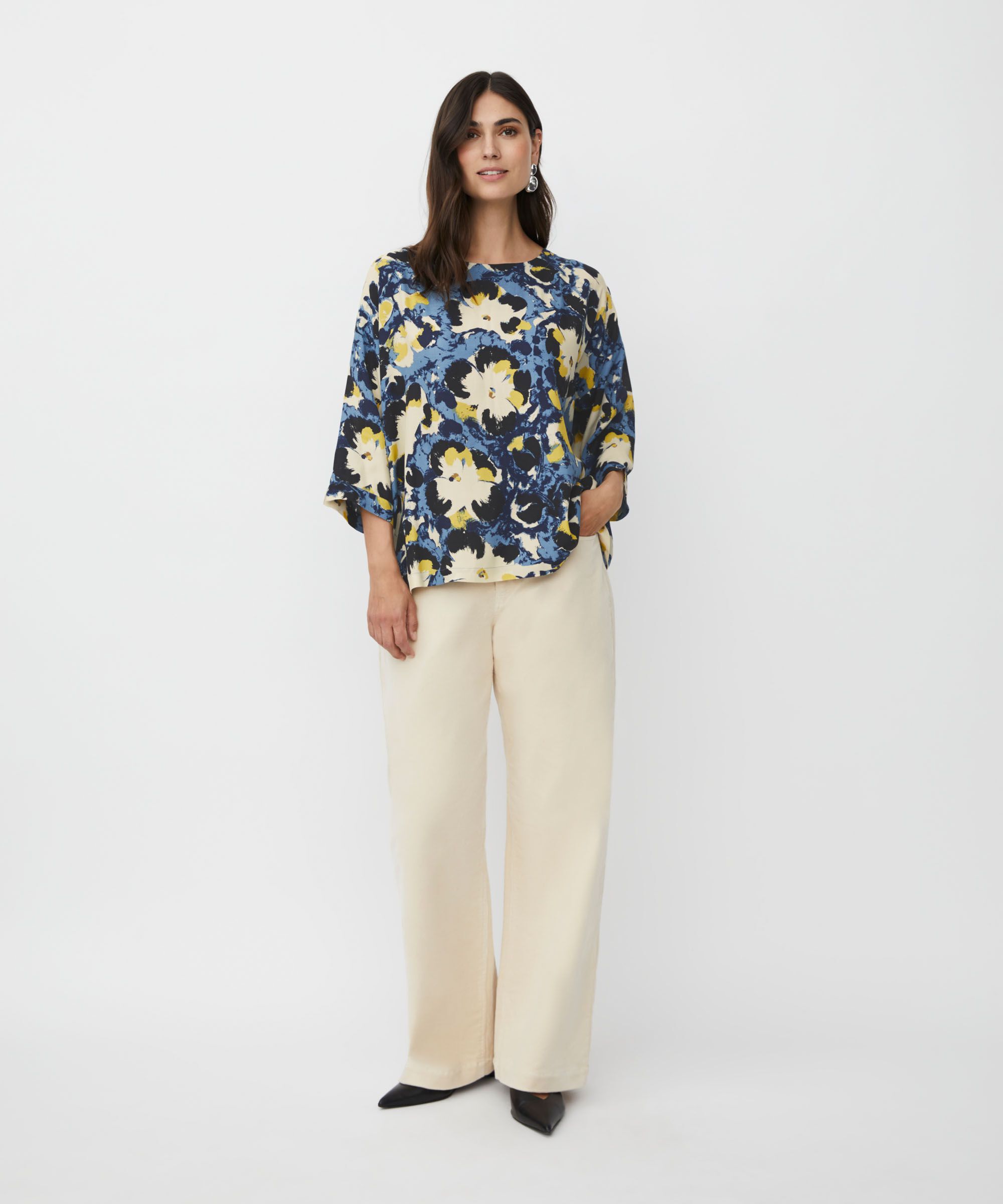 Blouse Imprimée À Manches 3/4 Et Col Rond, Proven Blue