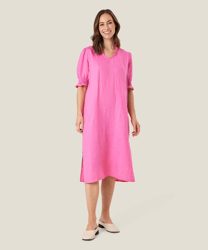 robe en lin à manches courtes et décolleté à volants, Azalea Pink