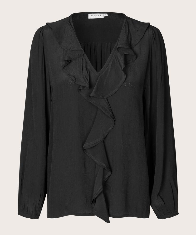 blouse en viscose à col en V et volants, Black
