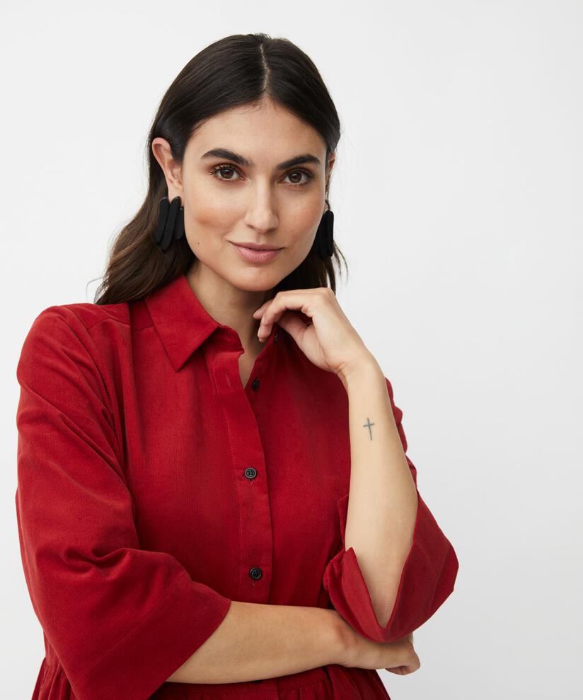 robe chemise en velours à manches 3/4, Red Dahlia