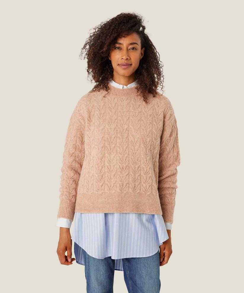 pull tricoté avec motif troué en laine mélangée, L beige mel