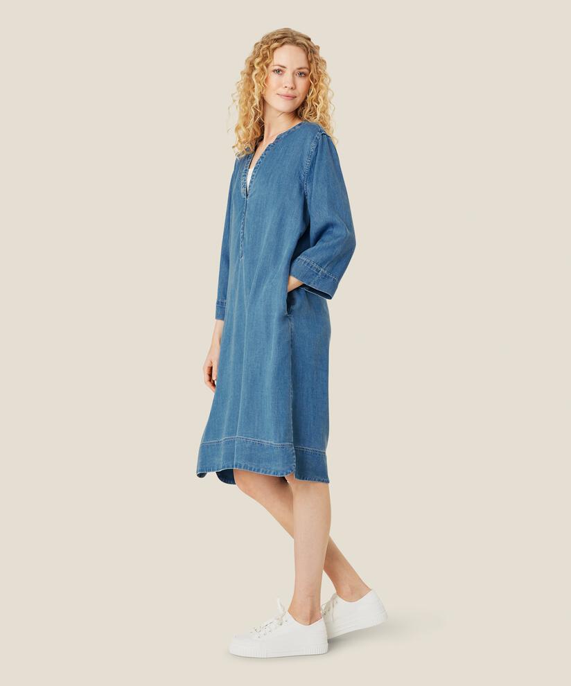 robe en jean avec col en V et poches fendues, Light Denim