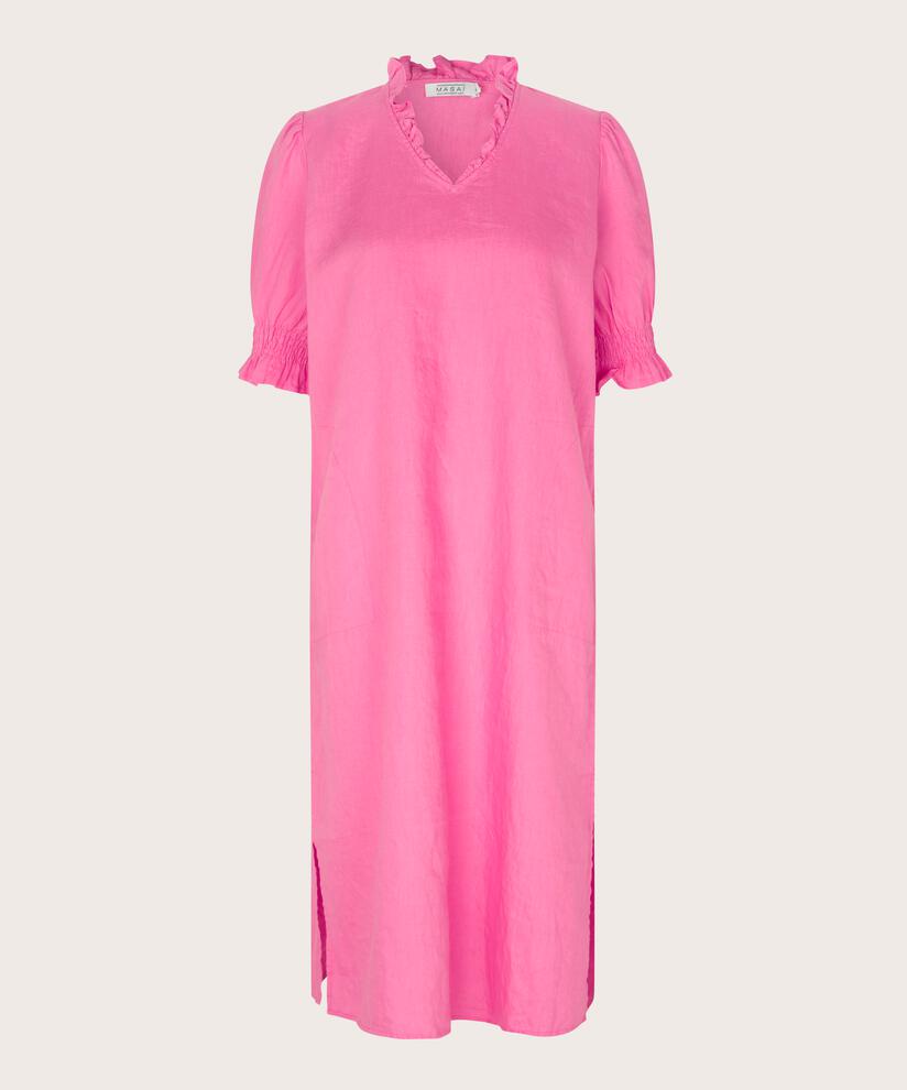 robe en lin à manches courtes et décolleté à volants, Azalea Pink