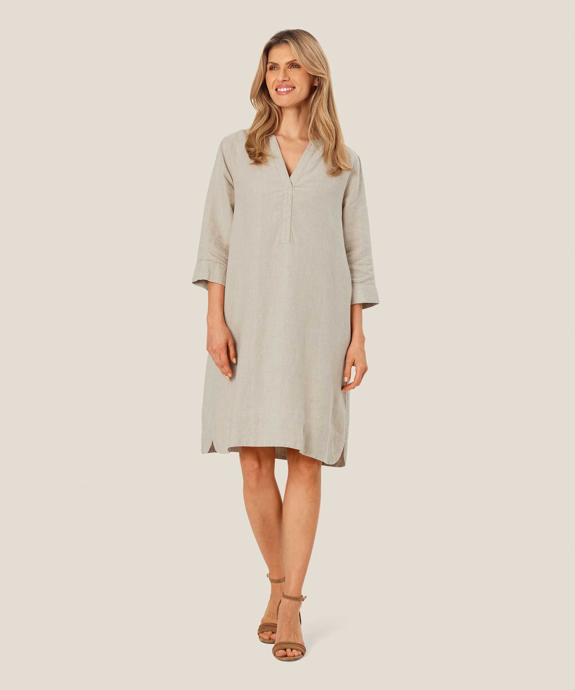 robe en lin avec col en V et poches fendues, Natural