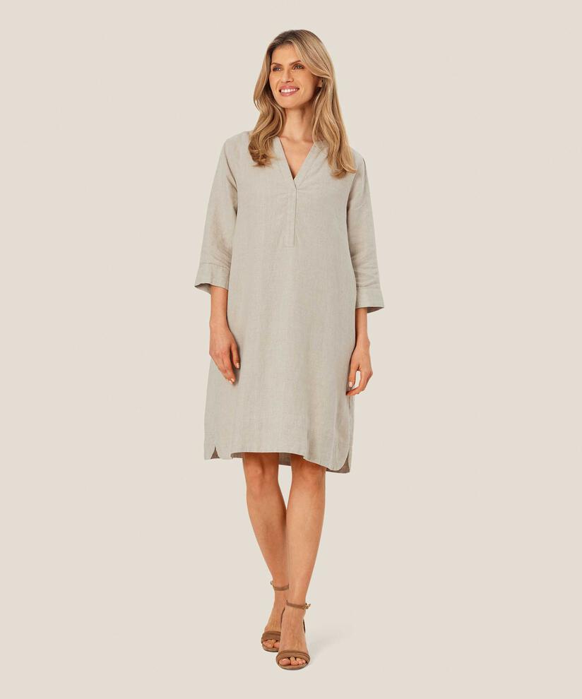 robe en lin avec col en V et poches fendues, Natural