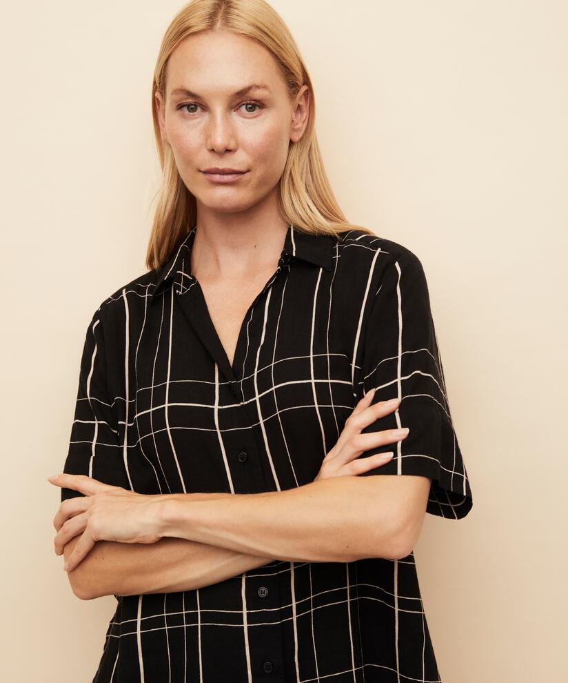 chemise à manches courtes en mélange de lin imprimé, Black