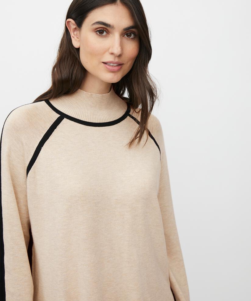 pull en maille à col montant avec détails contrastés, L beige mel