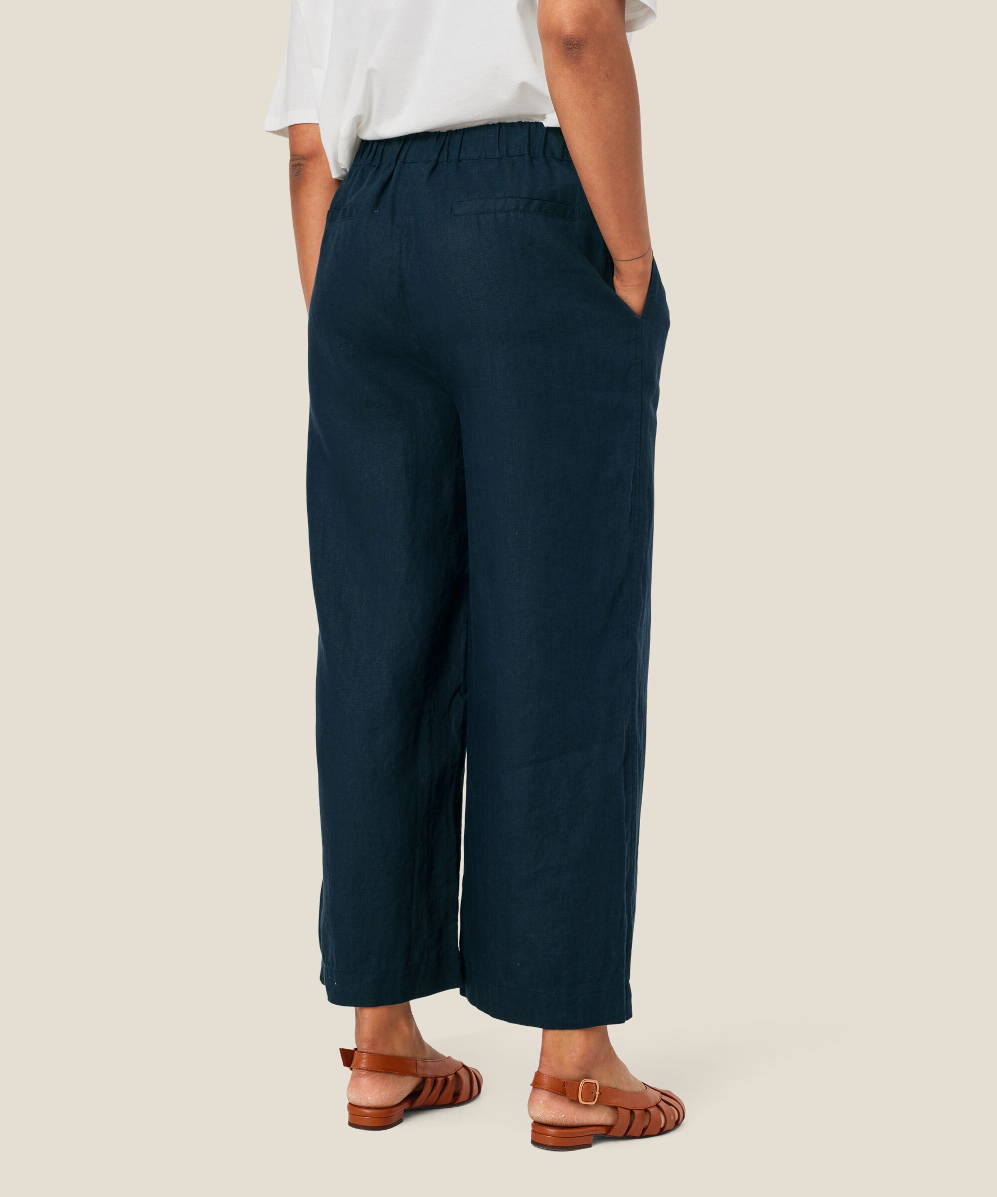pantalon en lin à jambes larges et taille élastique, Navy