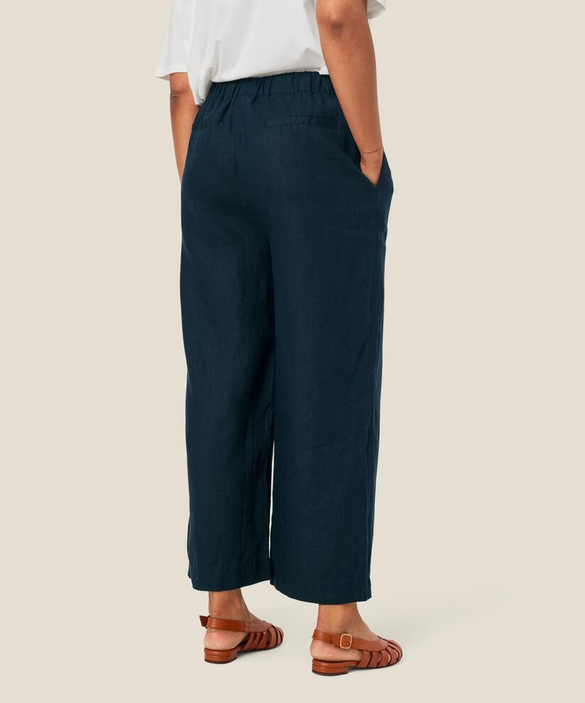 pantalon en lin à jambes larges et taille élastique, Navy