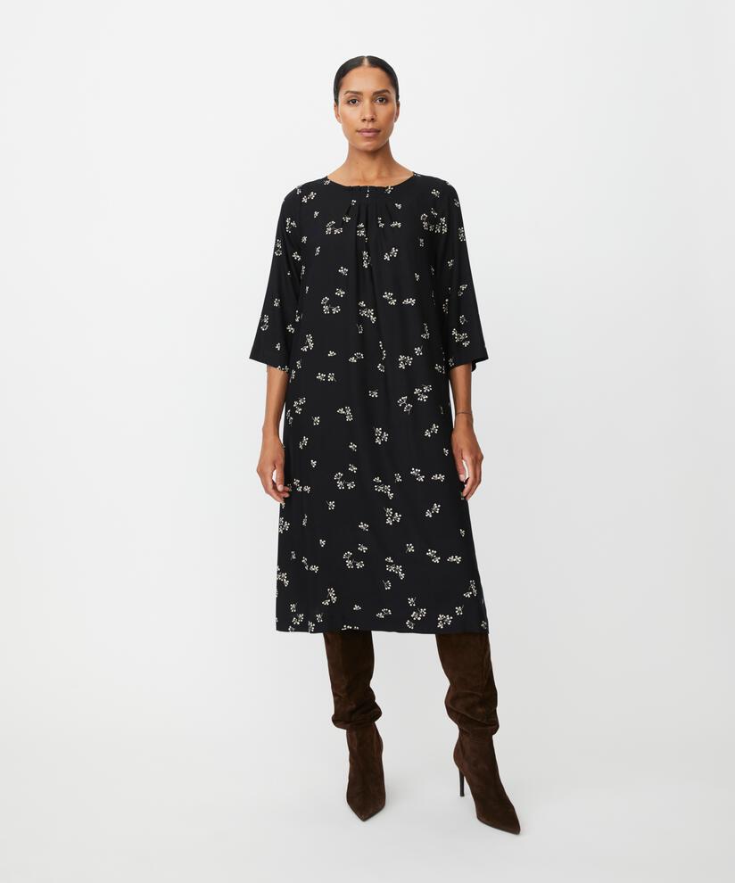 robe en viscose à imprimé floral et plis au niveau du cou, Black
