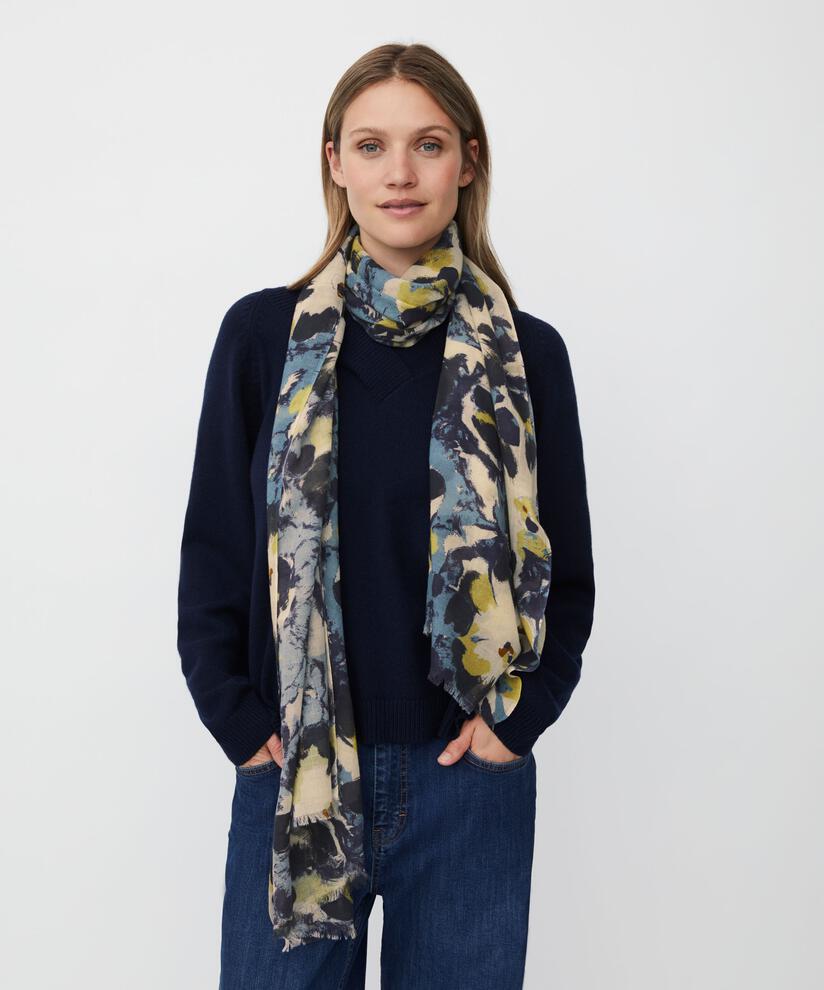 écharpe en laine mélangée à fleurs, Proven Blue