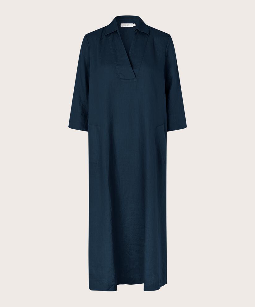 robe en lin avec col en V et poches, Navy