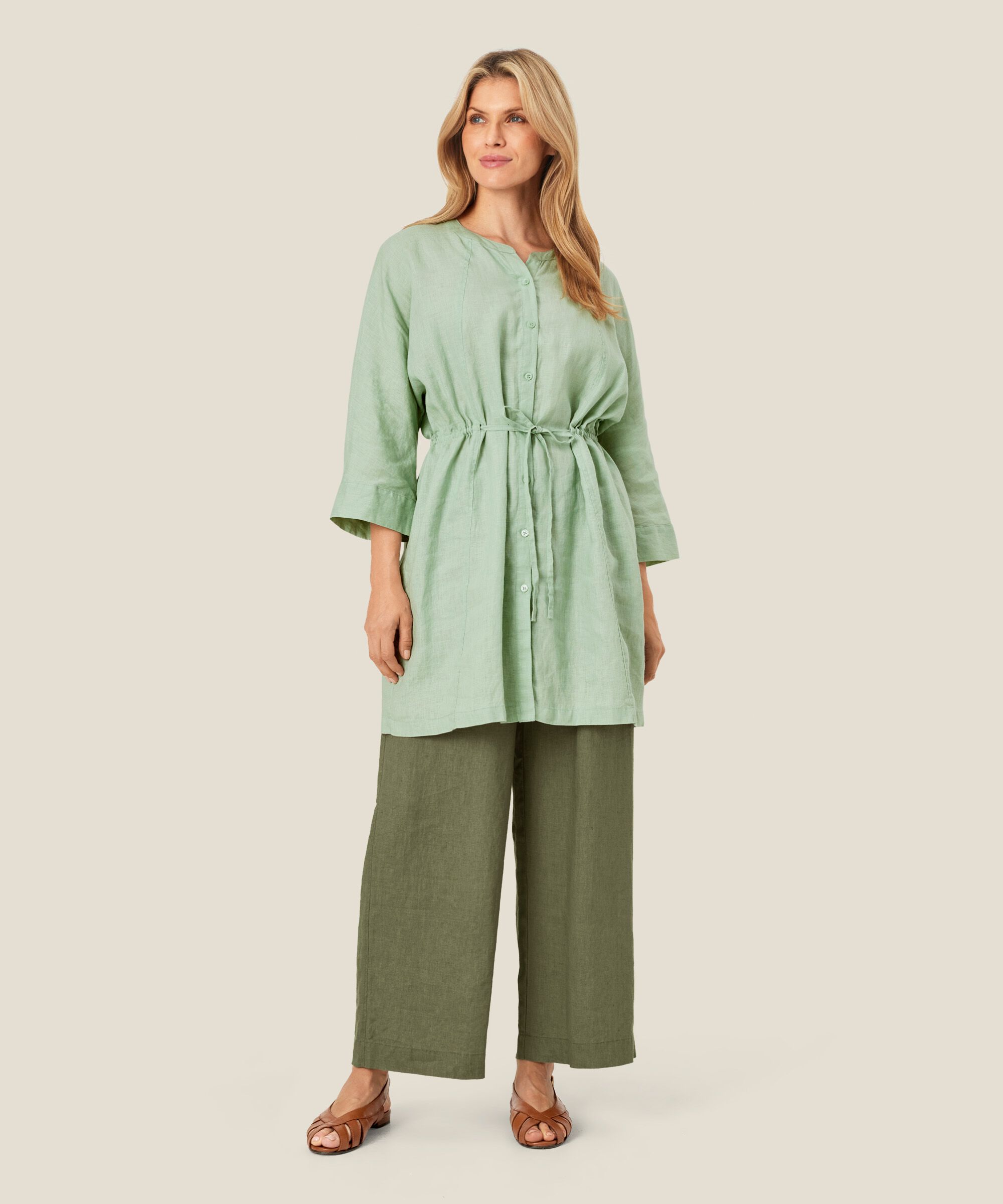 pantalon en lin à jambes larges et taille élastique, D. Lichen Green