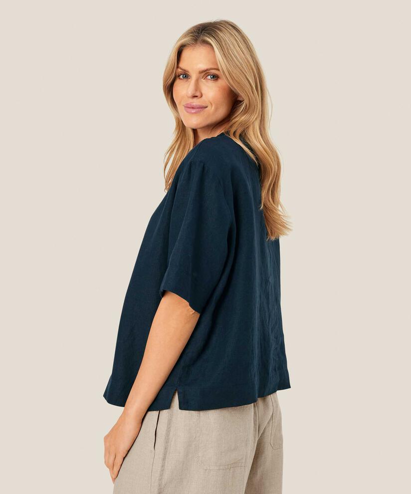 Blouse en lin avec poche avant, Navy