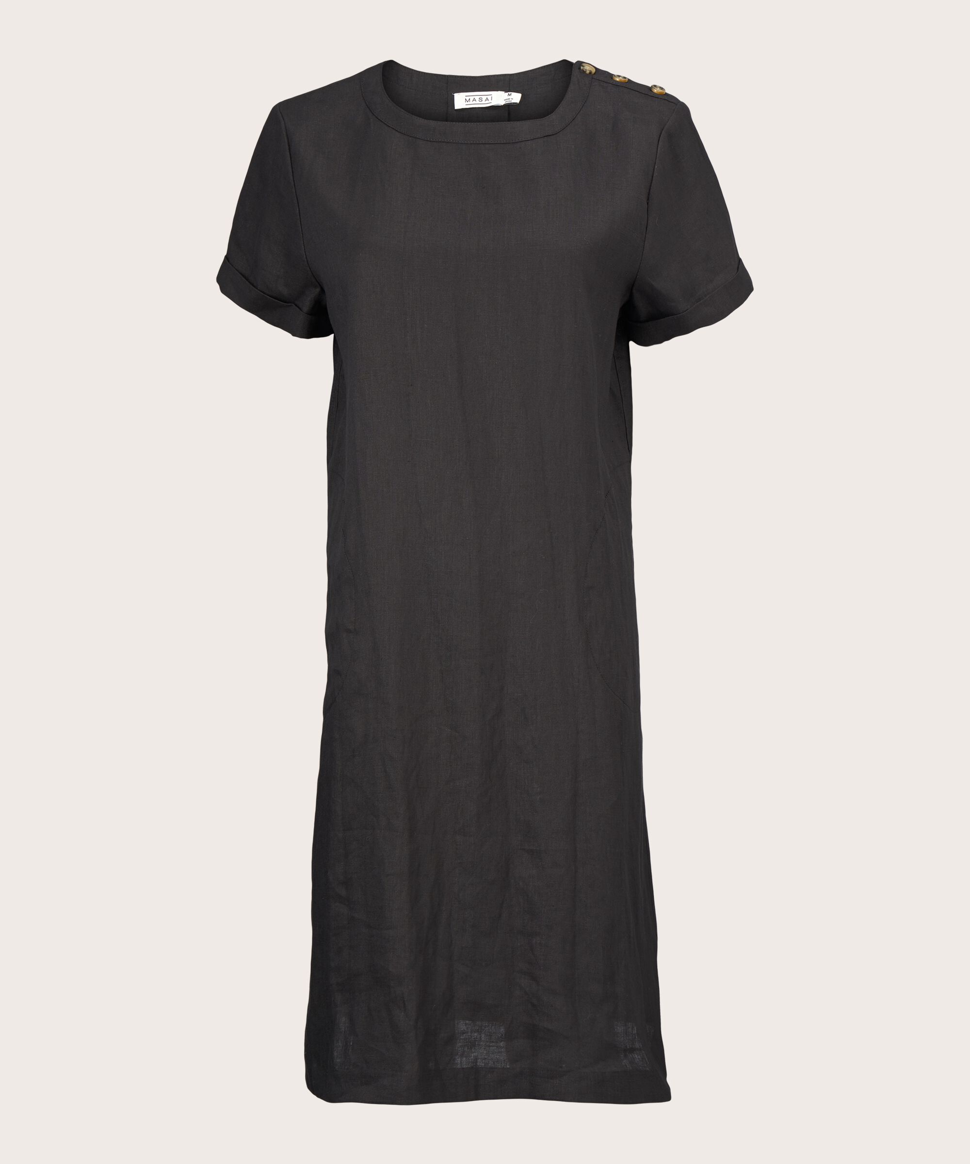 robe à manches courtes en lin avec bouton, Black